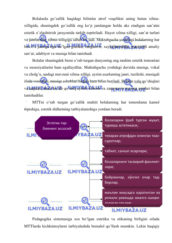 
 
Bolalarda go’zallik haqidagi bilimlar atrof voqelikni uning butun xilma-
xilligida, shuningdek go’zallik eng ko’p jamlangan holda aks etadigan san’atni 
estetik o’zlashtirish jarayonida tarkib toptiriladi. Hayot xilma-xilligi, san’at turlari 
va janrlarning xilma-xilligiga sabab bo’ladi. Maktabgacha yoshdagi bolalarning har 
biri o’z janriga ega bo’lgan grafika, rangtasvir, xaykaltaroshlik, manzarali amaliy 
san’at, adabiyot va musiqa bilan tanishadi. 
Bolalar shuningdek bizni o’rab turgan dunyoning eng muhim estetik tomonlari 
va xususiyatlarini ham egallaydilar. Maktabgacha yoshdagi davrida musiqa, vokal 
va cholg’u, undagi mavzuni xilma-xilligi, ayrim asarlarning janri, tuzilishi, musiqali 
ifoda vositalari, musiqa asboblari haqida ham bilim beriladi. Bolalar xalq qo’shiqlari 
va raqslari, doira bo’lib qo’shiq aytish, klassik va zamonaviy musiqa asarlari bilan 
tanishadilar. 
MTTni o’rab turgan go’zallik muhiti bolalarning har tomonlama kamol 
topishiga, estetik didlarining tarbiyalanishiga yordam beradi. 
 
 
Pedagogika sistemasiga xos bo’lgan estetika va etikaning birligini oilada 
MTTlarda kichkintoylarni tarbiyalashda bemalol qo’llash mumkin. Lekin haqiqiy 
Эстетик тар-
биянинг ассосий 
воситалари 
болаларни ўраб турган муҳит, 
турмуш эстетикаси; 
теварак-атрофдан олинган таас-
суротлар; 
табиат, санъат асарлари; 
болаларнинг тасвирий фаолият-
лари; 
байрамлар, кўнгил очар тад-
бирлар; 
маълум мақсадга қаратилган ва 
режали равишда амалга ошири-
ладиган таълим. 
