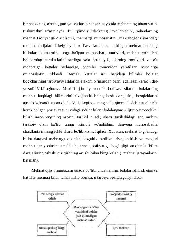 bir shaxsning o'rnini, jamiyat va har bir inson hayotida mehnatning ahamiyatini
tushunishni  ta'minlaydi.  Bu  ijtimoiy  idrokning  rivojlanishini,  odamlarning
mehnat faoliyatiga qiziqishini, mehnatga munosabatini, maktabgacha yoshdagi
mehnat  natijalarini  belgilaydi.  «  Tasvirlarda  aks  ettirilgan  mehnat  haqidagi
bilimlar, kattalarning unga bo'lgan munosabati, motivlari, mehnat yo'nalishi
bolalarning  harakatlarini  tartibga  sola  boshlaydi,  ularning  motivlari  va  o'z
mehnatiga,  kattalar  mehnatiga,  odamlar  tomonidan  yaratilgan  narsalarga
munosabatini  tiklaydi.  Demak,  kattalar  ishi  haqidagi  bilimlar  bolalar
bog'chasining tarbiyaviy ishlarida etakchi o'rinlardan birini egallashi kerak”, deb
yozadi  V.I.Loginova.  Muallif  ijtimoiy  voqelik  hodisasi  sifatida  bolalarning
mehnat  haqidagi  bilimlarini  rivojlantirishning  besh  darajasini,  bosqichlarini
ajratib ko'rsatdi va aniqladi. V. I. Loginovaning juda qimmatli deb tan olinishi
kerak bo'lgan pozitsiyasi quyidagi so'zlar bilan ifodalangan: « Ijtimoiy voqelikni
bilish  inson  ongining  asosini  tashkil  qiladi, shaxs  tuzilishidagi  eng  muhim
tarkibiy  qism  bo'lib,  uning  ijtimoiy  yo'nalishini,  dunyoga  munosabatini
shakllantirishning ichki sharti bo'lib xizmat qiladi. Xususan, mehnat to'g'risidagi
bilim darajasi mehnatga qiziqish, kognitiv faollikni rivojlantirish va mavjud
mehnat jarayonlarini amalda bajarish qobiliyatiga bog'liqligi aniqlandi (bilim
darajasining oshishi qiziqishning ortishi bilan birga keladi). mehnat jarayonlarini
bajarish). 
Mehnat qilish muntazam tarzda bo’lib, unda hamma bolalar ishtirok etsa va
kattalar mehnati bilan tanishtirilib borilsa, u tarbiya vositasiga aynaladi
