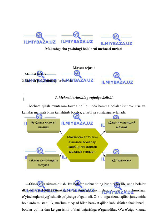  
 
 
 
 
 
 
Maktabgacha yoshdagi bolalarni mehnati turlari 
 
 
Mavzu rejasi: 
1.Mehnat turlari. 
2.Mehnat jarayonini rejalashtirish 
 
1. Mehnat turlarining vujudga kelishi 
Mehnat qilish muntazam tarzda bo’lib, unda hamma bolalar ishtirok etsa va 
kattalar mehnati bilan tanishtirib borilsa, u tarbiya vositasiga aylanadi. 
 
 
O’z-o’ziga xizmat qilish. Bu bolalar mehnatining bir turi bo’lib, unda bolalar 
ilk yoshidan boshlab mustaqil ovqatlanishga, yuvinishga, kiyinish va echinishga, 
o’yinchoqlarni yig’ishtirib qo’yishga o’rgatiladi. O’z-o’ziga xizmat qilish jarayonida 
bolalarda mustaqillik, ma’lum maqsad bilan harakat qilish kabi sifatlar shakllanadi, 
bolalar qo’llaridan kelgan ishni o’zlari bajarishga o’rganadilar. O’z-o’ziga xizmat 
ўз-ўзига хизмат 
қилиш 
қўл меҳнати  
табиат қучоғидаги 
меҳнат  
хўжалик-маиший 
меҳнат  
Мактабгача таълим 
ёшидаги болалар 
жалб қилинадиган 
меҳанат турлари 
