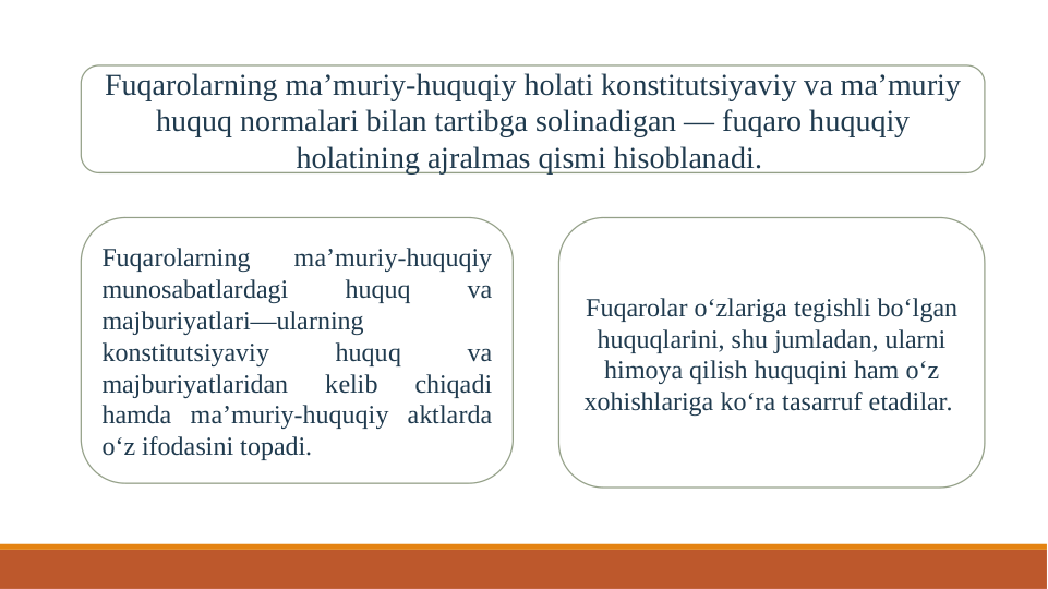 Fuqarolarning ma’muriy-huquqiy holati konstitutsiyaviy va ma’muriy 
huquq normalari bilan tartibga solinadigan — fuqaro huquqiy 
holatining ajralmas qismi hisoblanadi. 
Fuqarolarning 
ma’muriy-huquqiy 
munosabatlardagi 
huquq 
va 
majburiyatlari—ularning 
konstitutsiyaviy 
huquq 
va 
majburiyatlaridan 
kelib 
chiqadi 
hamda ma’muriy-huquqiy aktlarda 
o‘z ifodasini topadi. 
Fuqarolar o‘zlariga tegishli bo‘lgan 
huquqlarini, shu jumladan, ularni 
himoya qilish huquqini ham o‘z 
xohishlariga ko‘ra tasarruf etadilar. 
