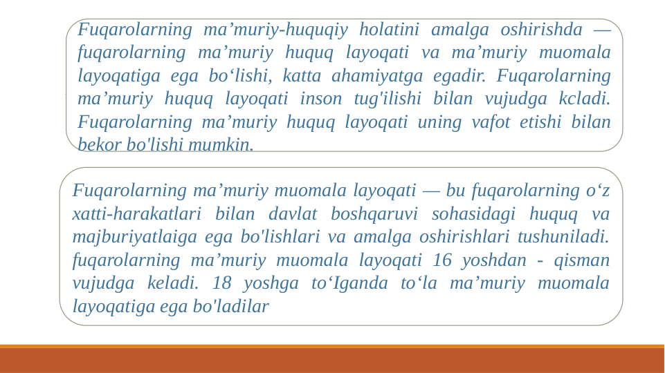 Fuqarolarning ma’muriy-huquqiy holatini amalga oshirishda — 
fuqarolarning ma’muriy huquq layoqati va ma’muriy muomala 
layoqatiga ega bo‘lishi, katta ahamiyatga egadir. Fuqarolarning 
ma’muriy huquq layoqati inson tug'ilishi bilan vujudga kcladi. 
Fuqarolarning ma’muriy huquq layoqati uning vafot etishi bilan 
bekor bo'lishi mumkin. 
Fuqarolarning ma’muriy muomala layoqati — bu fuqarolarning o‘z 
xatti-harakatlari bilan davlat boshqaruvi sohasidagi huquq va 
majburiyatlaiga ega bo'lishlari va amalga oshirishlari tushuniladi. 
fuqarolarning ma’muriy muomala layoqati 16 yoshdan - qisman 
vujudga keladi. 18 yoshga to‘Iganda to‘la ma’muriy muomala 
layoqatiga ega bo'ladilar
