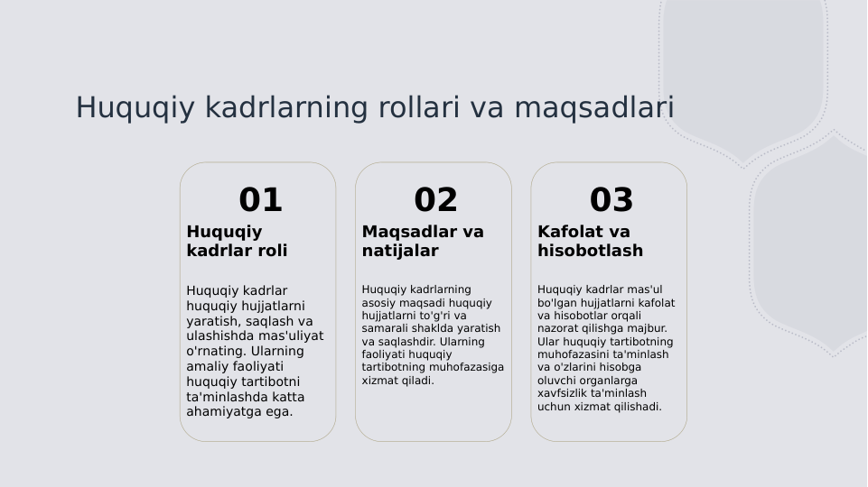 Huquqiy kadrlarning rollari va maqsadlari
01
Huquqiy 
kadrlar roli
Huquqiy kadrlar 
huquqiy hujjatlarni 
yaratish, saqlash va 
ulashishda mas'uliyat 
o'rnating. Ularning 
amaliy faoliyati 
huquqiy tartibotni 
ta'minlashda katta 
ahamiyatga ega.
02
Maqsadlar va 
natijalar
Huquqiy kadrlarning 
asosiy maqsadi huquqiy 
hujjatlarni to'g'ri va 
samarali shaklda yaratish 
va saqlashdir. Ularning 
faoliyati huquqiy 
tartibotning muhofazasiga 
xizmat qiladi.
03
Kafolat va 
hisobotlash
Huquqiy kadrlar mas'ul 
bo'lgan hujjatlarni kafolat 
va hisobotlar orqali 
nazorat qilishga majbur. 
Ular huquqiy tartibotning 
muhofazasini ta'minlash 
va o'zlarini hisobga 
oluvchi organlarga 
xavfsizlik ta'minlash 
uchun xizmat qilishadi.
