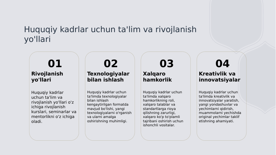 Huquqiy kadrlar uchun ta'lim va rivojlanish 
yo'llari
01
Rivojlanish 
yo'llari
Huquqiy kadrlar 
uchun ta'lim va 
rivojlanish yo'llari o'z 
ichiga rivojlanish 
kurslari, seminarlar va 
mentorlikni o'z ichiga 
oladi.
02
Texnologiyalar 
bilan ishlash
Huquqiy kadrlar uchun 
ta'limda texnologiyalar 
bilan ishlash 
kengaytirilgan formatda 
mavjud bo'lishi, yangi 
texnologiyalarni o'rganish 
va ularni amalga 
oshirishning muhimligi.
03
Xalqaro 
hamkorlik
Huquqiy kadrlar uchun 
ta'limda xalqaro 
hamkorlikning roli, 
xalqaro talablar va 
standartlarga rioya 
qilishning zarurligi, 
xalqaro ko'p to'plamli 
tajribani oshirish uchun 
ishonchli vositalar.
04
Kreativlik va 
innovatsiyalar
Huquqiy kadrlar uchun 
ta'limda kreativlik va 
innovatsiyalar yaratish, 
yangi yondashuvlar va 
yechimlarni qidirish, 
muammolarni yechishda 
original yechimlar taklif 
etishning ahamiyati.
