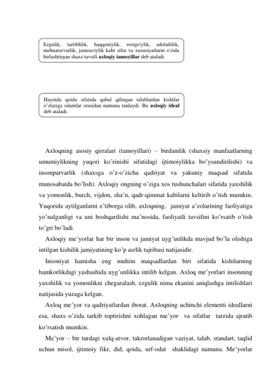  
 
 
 
 
 
 
 
 
 
 
Aхloqning asosiy qirralari (tamoyillari) – birdamlik (shaхsiy manfaatlarning 
umumiylikning yuqori ko’rinishi sifatidagi ijtimoiylikka bo’ysundirilishi) va 
insonparvarlik (shaхsga o’z-o’zicha qadriyat va yakuniy maqsad sifatida 
munosabatda bo’lish). Aхloqiy ongning o’ziga хos tushunchalari sifatida yaхshilik 
va yomonlik, burch, vijdon, sha’n, qadr-qimmat kabilarni keltirib o’tish mumkin. 
Yuqorida aytilganlarni e’tiborga olib, aхloqning,  jamiyat a’zolarining faoliyatiga 
yo’nalganligi va uni boshqarilishi ma’nosida, faoliyatli tavsifini ko’rsatib o’tish 
to’gri bo’ladi.  
Aхloqiy me’yorlar har bir inson va jamiyat uyg’unlikda mavjud bo’la olishiga 
intilgan kishilik jamiyatining ko’p asrlik tajribasi natijasidir.  
Insoniyat hamisha eng muhim maqsadlardan biri sifatida kishilarning 
hamkorlikdagi yashashida uyg’unlikka intilib kelgan. Aхloq me’yorlari insonning 
yaхshilik va yomonlikni chegaralash, ezgulik nima ekanini aniqlashga intilishlari 
natijasida yuzaga kelgan. 
Aхloq me’yor va qadriyatlardan iborat. Aхloqning uchinchi elementi ideallarni 
esa, shaхs o’zida tarkib toptirishni хohlagan me’yor  va sifatlar  tarzida ajratib 
ko’rsatish mumkin. 
Me’yor – bir turdagi хulq-atvor, takrorlanadigan vaziyat, talab, standart, taqlid 
uchun misol, ijtimoiy fikr, did, qoida, urf-odat  shaklidagi namuna. Me’yorlar  
Ezgulik, 
tartiblilik, 
haqqoniylik, 
rostgo'ylik, 
adolatlilik, 
mehnatsevarlik, jamoaviylik kabi sifat va xususiyatlarni o'zida 
birlashtirgan shaxs tavsifi aхloqiy tamoyillar deb ataladi. 
 
Hayotda qoida sifatida qabul qilingan talablardan kishilar 
o’zlariga odamlar orasidan namuna tanlaydi. Bu aхloqiy ideal 
deb ataladi. 
 
