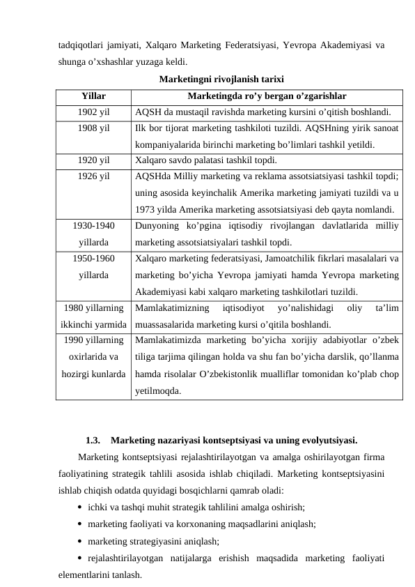tadqiqotlari jamiyati, Xalqaro Marketing Federatsiyasi, Yevropa Akademiyasi va
shunga o’xshashlar yuzaga keldi.
Marketingni rivojlanish tarixi
Yillar
Marketingda ro’y bergan o’zgarishlar
1902 yil
AQSH da mustaqil ravishda marketing kursini o’qitish boshlandi.
1908 yil
Ilk bor tijorat marketing tashkiloti tuzildi. AQSHning yirik sanoat
kompaniyalarida birinchi marketing bo’limlari tashkil yetildi.
1920 yil
Xalqaro savdo palatasi tashkil topdi.
1926 yil
AQSHda Milliy marketing va reklama assotsiatsiyasi tashkil topdi;
uning asosida keyinchalik Amerika marketing jamiyati tuzildi va u
1973 yilda Amerika marketing assotsiatsiyasi deb qayta nomlandi.
1930-1940
yillarda
Dunyoning  ko’pgina  iqtisodiy  rivojlangan  davlatlarida  milliy
marketing assotsiatsiyalari tashkil topdi.
1950-1960
yillarda
Xalqaro marketing federatsiyasi, Jamoatchilik fikrlari masalalari va
marketing bo’yicha Yevropa jamiyati  hamda Yevropa marketing
Akademiyasi kabi xalqaro marketing tashkilotlari tuzildi.
1980 yillarning
ikkinchi yarmida
Mamlakatimizning  iqtisodiyot  yo’nalishidagi  oliy  ta’lim
muassasalarida marketing kursi o’qitila boshlandi.
1990 yillarning
oxirlarida va
hozirgi kunlarda
Mamlakatimizda  marketing  bo’yicha  xorijiy  adabiyotlar  o’zbek
tiliga tarjima qilingan holda va shu fan bo’yicha darslik, qo’llanma
hamda risolalar O’zbekistonlik mualliflar tomonidan ko’plab chop
yetilmoqda.
1.3.
Marketing nazariyasi kontseptsiyasi va uning evolyutsiyasi.
Marketing kontseptsiyasi rejalashtirilayotgan va amalga oshirilayotgan firma
faoliyatining strategik tahlili asosida ishlab chiqiladi. Marketing kontseptsiyasini
ishlab chiqish odatda quyidagi bosqichlarni qamrab oladi:
 ichki va tashqi muhit strategik tahlilini amalga oshirish;
 marketing faoliyati va korxonaning maqsadlarini aniqlash;
 marketing strategiyasini aniqlash;
 rejalashtirilayotgan  natijalarga  erishish  maqsadida  marketing  faoliyati
elementlarini tanlash.
