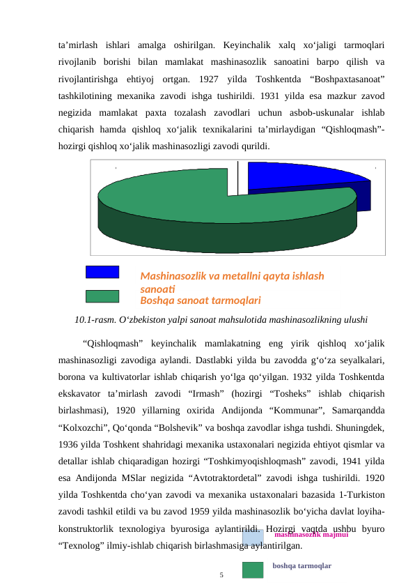 boshqa tarmoqlar
 mashinasozlik majmui
ta’mirlash  ishlari  amalga  oshirilgan.  Keyinchalik  xalq  xo‘jaligi  tarmoqlari
rivojlanib  borishi  bilan  mamlakat  mashinasozlik  sanoatini  barpo  qilish  va
rivojlantirishga  ehtiyoj  ortgan.  1927  yilda  Toshkentda  “Boshpaxtasanoat”
tashkilotining mexanika zavodi  ishga tushirildi. 1931 yilda esa mazkur zavod
negizida  mamlakat  paxta  tozalash  zavodlari  uchun  asbob-uskunalar  ishlab
chiqarish  hamda  qishloq  xo‘jalik  texnikalarini  ta’mirlaydigan  “Qishloqmash”-
hozirgi qishloq xo‘jalik mashinasozligi zavodi qurildi.
10.1-rasm. O‘zbekiston yalpi sanoat mahsulotida mashinasozlikning ulushi
“Qishloqmash”  keyinchalik  mamlakatning  eng  yirik  qishloq  xo‘jalik
mashinasozligi zavodiga aylandi. Dastlabki yilda bu zavodda g‘o‘za seyalkalari,
borona va kultivatorlar ishlab chiqarish yo‘lga qo‘yilgan. 1932 yilda Toshkentda
ekskavator  ta’mirlash  zavodi  “Irmash”  (hozirgi  “Tosheks”  ishlab  chiqarish
birlashmasi),  1920  yillarning  oxirida  Andijonda  “Kommunar”,  Samarqandda
“Kolxozchi”, Qo‘qonda “Bolshevik” va boshqa zavodlar ishga tushdi. Shuningdek,
1936 yilda Toshkent shahridagi mexanika ustaxonalari negizida ehtiyot qismlar va
detallar ishlab chiqaradigan hozirgi “Toshkimyoqishloqmash” zavodi, 1941 yilda
esa Andijonda MSlar negizida “Avtotraktordetal” zavodi ishga tushirildi. 1920
yilda Toshkentda cho‘yan zavodi va mexanika ustaxonalari bazasida 1-Turkiston
zavodi tashkil etildi va bu zavod 1959 yilda mashinasozlik bo‘yicha davlat loyiha-
konstruktorlik  texnologiya  byurosiga  aylantirildi.  Hozirgi  vaqtda  ushbu  byuro
“Texnolog” ilmiy-ishlab chiqarish birlashmasiga aylantirilgan.
5
19,8%
80,2%
Boshqa sanoat tarmoqlari
Mashinasozlik va metallni qayta ishlash 
sanoati
