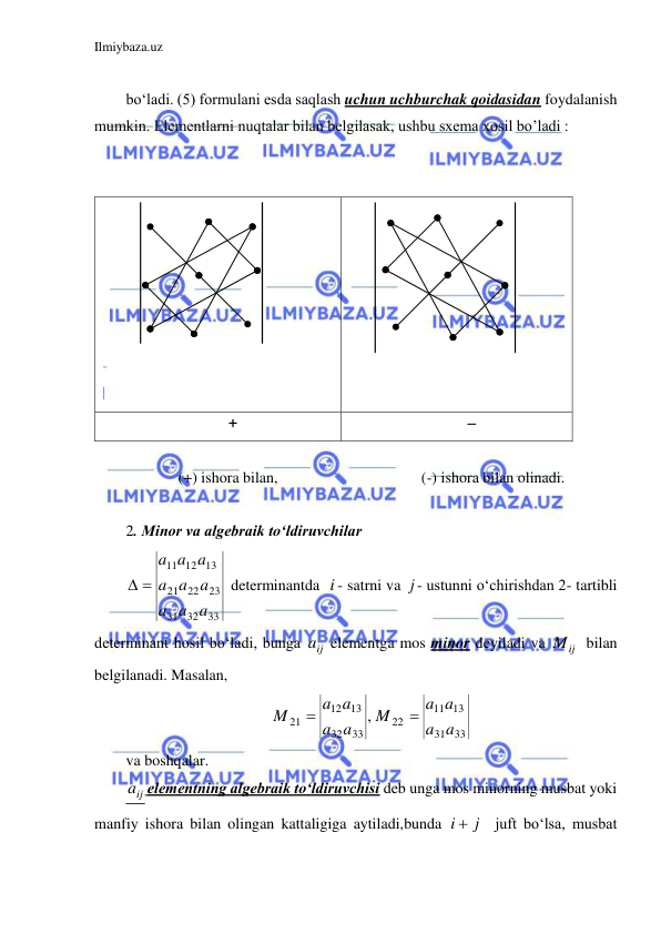 Ilmiybaza.uz 
 
 
bo‘ladi. (5) formulani esda saqlash uchun uchburchak qoidasidan foydalanish 
mumkin. Elementlarni nuqtalar bilan belgilasak, ushbu sxema xosil bo’ladi : 
 
 
 
 
 
 
 
 
 
 
 
+ 
 
 
(+) ishora bilan,                                     (-) ishora bilan olinadi. 
 
2. Minor va algebraik to‘ldiruvchilar 
33
32
31
23
22
21
13
12
11
a a
a
a a
a
a a
a
 
 determinantda  i - satrni va j - ustunni o‘chirishdan 2- tartibli 
determinant hosil bo‘ladi, bunga 
ij
a  elementga mos minor deyiladi va 
Mij
  bilan 
belgilanadi. Masalan,   
33
31
13
11
22
33
32
13
12
21
,
a
a
a a
M
a
a
a a
M


 
va boshqalar. 
aij
 elementning algebraik to‘ldiruvchisi deb unga mos minorning musbat yoki 
manfiy ishora bilan olingan kattaligiga aytiladi,bunda 
i  j
  juft bo‘lsa, musbat 
