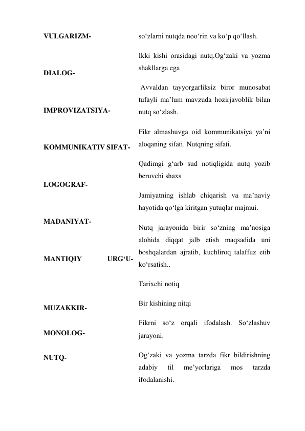 VULGARIZM- 
  
 
DIALOG- 
 
 
IMPROVIZATSIYA- 
 
 
KOMMUNIKATIV SIFAT- 
 
 
LOGOGRAF- 
 
 
MADANIYAT- 
 
 
MANTIQIY 
URG‘U- 
 
 
 
MUZAKKIR- 
 
MONOLOG- 
 
NUTQ- 
 
 
so‘zlarni nutqda noo‘rin va ko‘p qo‘llash. 
Ikki kishi orasidagi nutq.Og‘zaki va yozma 
shakllarga ega 
 Avvaldan tayyorgarliksiz biror munosabat 
tufayli ma’lum mavzuda hozirjavoblik bilan 
nutq so‘zlash. 
Fikr almashuvga oid kommunikatsiya ya’ni 
aloqaning sifati. Nutqning sifati. 
Qadimgi g‘arb sud notiqligida nutq yozib 
beruvchi shaxs 
Jamiyatning ishlab chiqarish va ma’naviy 
hayotida qo‘lga kiritgan yutuqlar majmui. 
Nutq jarayonida birir so‘zning ma’nosiga 
alohida diqqat jalb etish maqsadida uni 
boshqalardan ajratib, kuchliroq talaffuz etib 
ko‘rsatish.. 
Tarixchi notiq 
Bir kishining nitqi 
Fikrni so‘z orqali ifodalash. So‘zlashuv 
jarayoni. 
Og‘zaki va yozma tarzda fikr bildirishning 
adabiy 
til 
me’yorlariga 
mos 
tarzda 
ifodalanishi. 
