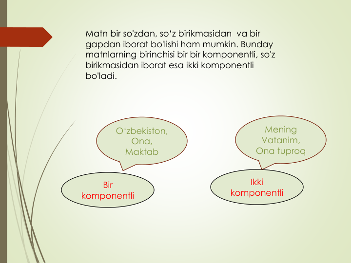 Bir
komponentli
Ikki
komponentli
Matn bir so'zdan, so‘z birikmasidan va bir
gapdan iborat bo'lishi ham mumkin. Bunday
matnlarning birinchisi bir bir komponentli, so'z
birikmasidan iborat esa ikki komponentli
bo'ladi.
O‘zbekiston, 
Ona, 
Maktab
Mening
Vatanim, 
Ona tuproq
