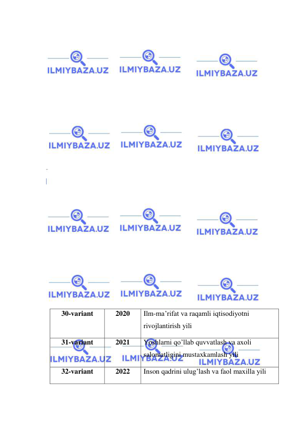  
 
 
 
 
 
 
 
 
 
 
 
 
 
 
 
 
 
 
30-variant 
2020 
Ilm-ma’rifat va raqamli iqtisodiyotni 
rivojlantirish yili 
31-variant 
2021 
Yoshlarni qo’llab quvvatlash va axoli 
salomatligini mustaxkamlash yili 
32-variant 
2022 
Inson qadrini ulug’lash va faol maxilla yili 
 
