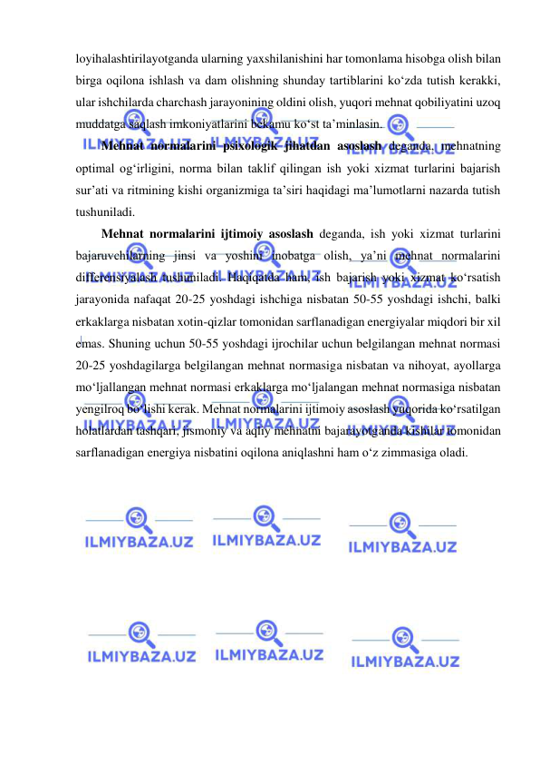  
 
loyihalashtirilayotganda ularning yaxshilanishini har tomonlama hisobga olish bilan 
birga oqilona ishlash va dam olishning shunday tartiblarini ko‘zda tutish kerakki, 
ular ishchilarda charchash jarayonining oldini olish, yuqori mehnat qobiliyatini uzoq 
muddatga saqlash imkoniyatlarini bekamu ko‘st ta’minlasin. 
Mehnat normalarini psixologik jihatdan asoslash deganda, mehnatning 
optimal og‘irligini, norma bilan taklif qilingan ish yoki xizmat turlarini bajarish 
sur’ati va ritmining kishi organizmiga ta’siri haqidagi ma’lumotlarni nazarda tutish 
tushuniladi. 
Mehnat normalarini ijtimoiy asoslash deganda, ish yoki xizmat turlarini 
bajaruvchilarning jinsi va yoshini inobatga olish, ya’ni mehnat normalarini 
differensiyalash tushuniladi. Haqiqatda ham, ish bajarish yoki xizmat ko‘rsatish 
jarayonida nafaqat 20-25 yoshdagi ishchiga nisbatan 50-55 yoshdagi ishchi, balki 
erkaklarga nisbatan xotin-qizlar tomonidan sarflanadigan energiyalar miqdori bir xil 
emas. Shuning uchun 50-55 yoshdagi ijrochilar uchun belgilangan mehnat normasi 
20-25 yoshdagilarga belgilangan mehnat normasiga nisbatan va nihoyat, ayollarga 
mo‘ljallangan mehnat normasi erkaklarga mo‘ljalangan mehnat normasiga nisbatan 
yengilroq bo‘lishi kerak. Mehnat normalarini ijtimoiy asoslash yuqorida ko‘rsatilgan 
holatlardan tashqari, jismoniy va aqliy mehnatni bajarayotganda kishilar tomonidan 
sarflanadigan energiya nisbatini oqilona aniqlashni ham o‘z zimmasiga oladi. 
 
