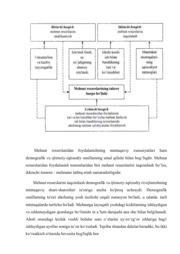  
 
        Mehnat 
resurslaridan 
foydalanishning 
mintaqaviy 
xususiyatlari 
ham 
demografik va ijtimoiy-iqtisodiy omillarning amal qilishi bilan bog‘liqdir. Mehnat 
resurslaridan foydalanish tomonlaridan biri mehnat resurslarini taqsimlash bo‘lsa, 
ikkinchi tomoni - mehnatni tatbiq etish samaradorligidir.  
       Mehnat resurslarini taqsimlash demografik va ijtimoiy-iqtisodiy rivojlanishning 
mintaqaviy shart-sharoitlari ta'siriga ancha ko'proq uchraydi. Demografik 
omillarning ta'siri aholining yosh tuzilishi orqali namoyon bo'ladi, u odatda. turli 
mintaqalarda turlicha bo'ladi. Mehnatga layoqatli yoshdagi kishilarning ishlaydigan 
va ishlamaydigan qismlarga bo‘linishi m a’lum darajada ana shu bilan belgilanadi. 
Aholi orasidagi kichik voshli bolalar soni o‘zlarini uy-ro‘zg‘or ishlariga bag1 
ishlaydigan ayollar soniga ta’sir ko‘rsatadi. Tajriba shundan dalolat beradiki, bu ikki 
ko‘rsatkich o'rtasida bevosita bog'liqlik bor. 
