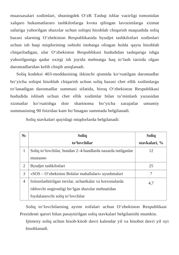 muassasalari xodimlari, shuningdek O‘zR Tashqi ishlar vazirligi tomonidan
xalqaro hukumatlararo tashkilotlarga kvota qilingan lavozimlarga xizmat
safariga yuborilgan shaxslar uchun soliqni hisoblab chiqarish maqsadida soliq
bazasi  ularning  O‘zbekiston  Respublikasida byudjet  tashkilotlari  xodimlari
uchun ish haqi miqdorining oshishi inobatga olingan holda qayta hisoblab
chiqariladigan,  ular  O‘zbekiston  Respublikasi  hududidan  tashqariga  ishga
yuborilguniga  qadar  oxirgi  ish  joyida  mehnatga  haq  to‘lash  tarzida  olgan
daromadlaridan kelib chiqib aniqlanadi.
Soliq kodeksi 403-moddasining ikkinchi qismida ko‘rsatilgan daromadlar
bo‘yicha soliqni hisoblab chiqarish uchun soliq bazasi chet ellik xodimlarga
to‘lanadigan  daromadlar summasi sifatida, biroq O‘zbekiston Respublikasi
hududida ishlash uchun chet ellik xodimlar bilan ta’minlash yuzasidan
xizmatlar 
ko‘rsatishga 
doir 
shartnoma 
bo‘yicha 
xarajatlar 
umumiy
summasining 90 foizidan kam bo‘lmagan summada belgilanadi.
Soliq stavkalari quyidagi miqdorlarda belgilanadi:
№
Soliq
to‘lovchilar
Soliq
stavkalari, %
1
Soliq to‘lovchilar, bundan 2–4-bandlarda nazarda tutilganlar 
mustasno
12
2
Byudjet tashkilotlari
25
3
«SOS – O‘zbekiston Bolalar mahallalari» uyushmalari
7
4
Ixtisoslashtirilgan tsexlar, uchastkalar va korxonalarda 
ishlovchi nogironligi bo‘lgan shaxslar mehnatidan 
foydalanuvchi soliq to‘lovchilar
4,7
Soliq  to‘lovchilarning  ayrim  toifalari  uchun  O‘zbekiston  Respublikasi
Prezidenti qarori bilan pasaytirilgan soliq stavkalari belgilanishi mumkin.
Ijtimoiy soliq uchun hisob-kitob davri kalendar yil va hisobot davri yil oyi
hisoblanadi.
