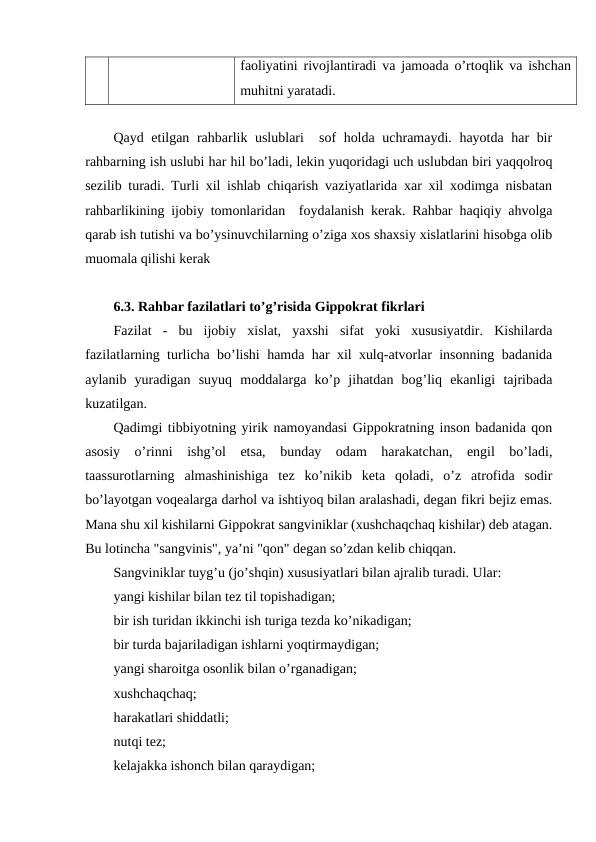 faoliyatini rivojlantiradi va jamoada o’rtoqlik va ishchan
muhitni yaratadi.
Qayd etilgan rahbarlik uslublari  sof holda uchramaydi. hayotda har bir
rahbarning ish uslubi har hil bo’ladi, lekin yuqoridagi uch uslubdan biri yaqqolroq
sezilib turadi. Turli xil ishlab chiqarish vaziyatlarida xar xil xodimga nisbatan
rahbarlikining ijobiy tomonlaridan  foydalanish kerak. Rahbar haqiqiy ahvolga
qarab ish tutishi va bo’ysinuvchilarning o’ziga xos shaxsiy xislatlarini hisobga olib
muomala qilishi kerak
6.3. Rahbar fazilatlari to’g’risida Gippokrat fikrlari
Fazilat  -  bu  ijobiy  xislat,  yaxshi  sifat  yoki  xususiyatdir.  Kishilarda
fazilatlarning turlicha bo’lishi hamda har xil xulq-atvorlar insonning badanida
aylanib  yuradigan  suyuq  moddalarga  ko’p  jihatdan  bog’liq  ekanligi  tajribada
kuzatilgan. 
Qadimgi tibbiyotning yirik namoyandasi Gippokratning inson badanida qon
asosiy  o’rinni  ishg’ol  etsa,  bunday  odam  harakatchan,  engil  bo’ladi,
taassurotlarning  almashinishiga  tez  ko’nikib  keta  qoladi,  o’z  atrofida  sodir
bo’layotgan voqealarga darhol va ishtiyoq bilan aralashadi, degan fikri bejiz emas.
Mana shu xil kishilarni Gippokrat sangviniklar (xushchaqchaq kishilar) deb atagan.
Bu lotincha "sangvinis", ya’ni "qon" degan so’zdan kelib chiqqan.
Sangviniklar tuyg’u (jo’shqin) xususiyatlari bilan ajralib turadi. Ular: 
yangi kishilar bilan tez til topishadigan;
bir ish turidan ikkinchi ish turiga tezda ko’nikadigan;
bir turda bajariladigan ishlarni yoqtirmaydigan;
yangi sharoitga osonlik bilan o’rganadigan;
xushchaqchaq;
harakatlari shiddatli;
nutqi tez;
kelajakka ishonch bilan qaraydigan;
