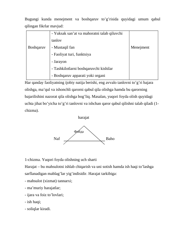Bugungi  kunda  menejment  va  boshqaruv  to’g’risida  quyidagi  umum  qabul
qilingan fikrlar mavjud:
Boshqaruv
- Yuksak san’at va mahoratni talab qiluvchi 
tanlov
- Mustaqil fan
- Faoliyat turi, funktsiya
- Jarayon
- Tashkilotlarni boshqaruvchi kishilar
- Boshqaruv apparati yoki organi
Menejment
Har qanday faoliyatning ijobiy natija berishi, eng avvalo tanlovni to’g’ri bajara 
olishga, ma’qul va ishonchli qarorni qabul qila olishga hamda bu qarorning 
bajarilishini nazorat qila olishga bog’liq. Masalan, yuqori foyda olish quyidagi 
uchta jihat bo’yicha to’g’ri tanlovni va ishchan qaror qabul qilishni talab qiladi (1-
chizma).
                                                   harajat
                           Naf
        Baho
1-chizma. Yuqori foyda olishning uch sharti
Harajat – bu mahsulotni ishlab chiqarish va uni sotish hamda ish haqi to’lashga 
sarflanadigan mablag’lar yig’indisidir. Harajat tarkibiga:
- mahsulot (xizmat) tannarxi;
- ma’muriy harajatlar;
- ijara va foiz to’lovlari;
- ish haqi;
- soliqlar kiradi.
Фойда
