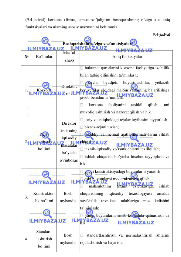  
 
(9.4-jadval) korxona (firma, jamoa xo’jaligi)ni boshqarishning o’ziga xos aniq 
funktsiyalari va ularning asosiy mazmunini keltiramiz. 
9.4-jadval 
Boshqarishningo’ziga xosfunktsiyalari 
№ 
Bo’limlar 
Mas’ul 
 shaxs 
Aniq funktsiyalar 
1. 
Korxona 
Direktor,  
rais 
 hukumat qarorlarini korxona faoliyatiga izchillik 
bilan tatbiq qilinishini ta’minlash; 
 
davlat 
byudjeti, 
buyurtmachilar, 
yetkazib 
beruvchilar oldidagi maj6uriyatlarning bajarilishiga 
javob berishni ta’minlash; 
 
korxona 
faoliyatini 
tashkil 
qilish, 
uni 
muvofiqlashtirish va nazorat qilish va h.k. 
2. 
Reja- 
iqtisod  
bo’limi 
Direktor 
(rais)ning 
iqtisodiy 
masalalar 
bo’yicha 
o’rinbosari 
 joriy va istiqboldagi rejalar loyihasini tayyorlash; 
 biznes-rejani tuzish; 
 moddiy va mehnat ajatlarinormativlarini ishlab 
chiqish; 
 texnik-iqtisodiy ko’rsatkichlarni taxlilqilish; 
 ishlab chiqarish bo’yicha hisobot tayyoplash va 
h.k. 
3. 
Konstruktor-  
lik bo’limi 
Bosh  
myhandis 
 yangi konstruktsiyadagi buyumlarni yaratish; 
 eski buyumlarni modernizatsiya qilish; 
 
mahsulotninr 
texnik 
estetikasiga, 
ishlab 
chiqarishning 
iqtisodiy 
texnologiyasi 
amalda 
xavfsizlik texnikasi talablariga mos kelishini 
ta’minlash; 
 yangi buyumlarni sinab ko’rishda qatnashish va 
h.k. 
4. 
Standart-
lashtirish 
bo’limi 
Bosh  
myhandis 
 standartlashtirish va normalashtirish ishlarini 
rejalashtirish va bajarish; 
