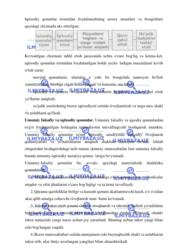  
 
Iqtisodiy qonunlar tizimidan foydalanishning asosiy unsurlari va bosqichlari 
quyidagi chizmada aks ettirilgan: 
Ko'rsatilgan chizmani tahlil etish jarayonida uchta o'zaro bog'liq va ketma-ket, 
iqtisodiy qonunlar tizimidan foydalanilgan holda yechi- ladigan masalalarni ko'rib 
o'tish zarur: 
- mavjud qonunlarni, ularning u yoki bu bosqichda namoyon bo'lish 
xususiyatlarini hisobga olgan holda chuqur va tomonla- ma bilish; 
- iqtisodiy va ijtimoiy rivojlanish maqsadlarini belgilash va ularni hal etish 
yo'llarini aniqlash; 
- xo'jalik yuritishning bozor iqtisodiyoti soitida rivojlantirish va unga mos shakl 
va uslublarni qo'llash. 
Umumiy falsafiy va iqtisodiy qonunlar. Umumiy falsafiy va iqsodiy qonunlardan 
to'g'ri foydalanilgan holdagina iqtisodiyotni muvaffaqiyatli boshqarish mumkin. 
Umumiy falsafiy qonunlar ta'siri iqtisodiy amaliyotda iqtisodiy rivojlanish 
qonuniyatlari va yo'nalishlarini aniqlash shaklida namoyon bo'ladi. Ishlab 
chiqarishni boshqarishdagi turli-tuman ijtimoiy munosabatlar fani umumiy-falsafiy 
hamda umumiy-iqtisodiy nazariya qonun- lariga bo'ysunadi. 
Umumiy-falsafiy 
qonunlar 
bu, 
avvalo, 
quyidagi 
materialistik 
dialektika 
qonunlaridir: 
1. Miqdor o'zgarishlarining sifat o'zgarishlariga o'tish qonuni narsa va hodisalar 
miqdor va sifat jihatlarini o'zaro bog'liqligi va ta'sirini tavsiflaydi. 
2. Qarama-qarshiliklar birligi va kurashi qonuni akatlantiruvchi kuch, o'z-o'zidan 
akat qilib amalga oshuvchi rivojlanish man- baini ko'rsatadi. 
3. Inkorni inkor etish qonuni cheksiz rivojlanish va takomil- lashish yo'nalishini 
belgilaydi. Eskirgan narsani inkor etmay, rivojlanishga erishib bo'lmaydi, chunki 
inkor natijasida yangi narsa uchun joy yaratiladi. Shuning uchun inkor yangi bilan 
eski bog'langan vaqtdir. 
4. Bozor munosabatlari soitida menejment eski buyruqbozlik shakl va uslublarini 
inkor etib, ular ilmiy asoslangan yangilari bilan almashtiriladi. 
 
