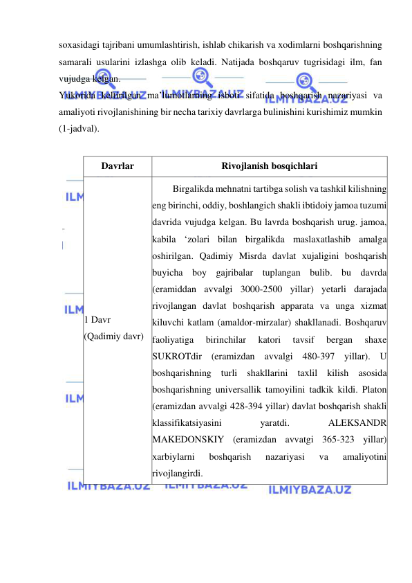  
 
soxasidagi tajribani umumlashtirish, ishlab chikarish va xodimlarni boshqarishning 
samarali usularini izlashga olib keladi. Natijada boshqaruv tugrisidagi ilm, fan 
vujudga kelgan. 
Yukorida keltirilgan ma’lumotlarning isboti sifatida boshqarish nazariyasi va 
amaliyoti rivojlanishining bir necha tarixiy davrlarga bulinishini kurishimiz mumkin 
(1-jadval). 
 
Davrlar 
Rivojlanish bosqichlari 
1 Davr 
(Qadimiy davr) 
Birgalikda mehnatni tartibga solish va tashkil kilishning 
eng birinchi, oddiy, boshlangich shakli ibtidoiy jamoa tuzumi 
davrida vujudga kelgan. Bu lavrda boshqarish urug. jamoa, 
kabila ‘zolari bilan birgalikda maslaxatlashib amalga 
oshirilgan. Qadimiy Misrda davlat xujaligini boshqarish 
buyicha boy gajribalar tuplangan bulib. bu davrda 
(eramiddan avvalgi 3000-2500 yillar) yetarli darajada 
rivojlangan davlat boshqarish apparata va unga xizmat 
kiluvchi katlam (amaldor-mirzalar) shakllanadi. Boshqaruv 
faoliyatiga 
birinchilar 
katori 
tavsif 
bergan 
shaxe 
SUKROTdir (eramizdan avvalgi 480-397 yillar). U 
boshqarishning turli shakllarini taxlil kilish asosida 
boshqarishning universallik tamoyilini tadkik kildi. Platon 
(eramizdan avvalgi 428-394 yillar) davlat boshqarish shakli 
klassifikatsiyasini 
yaratdi. 
ALEKSANDR 
MAKEDONSKIY (eramizdan avvatgi 365-323 yillar) 
xarbiylarni 
boshqarish 
nazariyasi 
va 
amaliyotini 
rivojlangirdi. 
