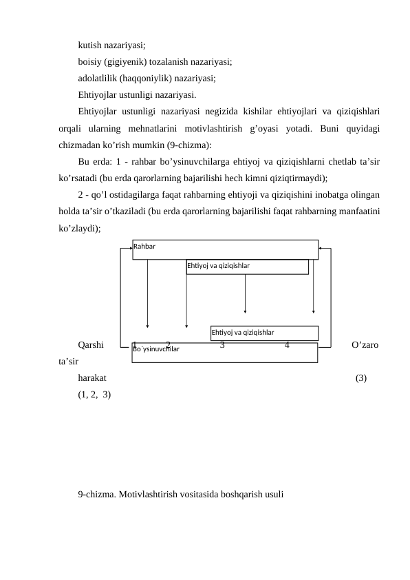kutish nazariyasi;
boisiy (gigiyenik) tozalanish nazariyasi;
adolatlilik (haqqoniylik) nazariyasi;
Ehtiyojlar ustunligi nazariyasi.
Ehtiyojlar  ustunligi  nazariyasi  negizida kishilar  ehtiyojlari  va qiziqishlari
orqali  ularning  mehnatlarini  motivlashtirish  g’oyasi  yotadi.  Buni  quyidagi
chizmadan ko’rish mumkin (9-chizma):
Bu erda: 1 - rahbar bo’ysinuvchilarga ehtiyoj va qiziqishlarni chetlab ta’sir
ko’rsatadi (bu erda qarorlarning bajarilishi hech kimni qiziqtirmaydi);
2 - qo’l ostidagilarga faqat rahbarning ehtiyoji va qiziqishini inobatga olingan
holda ta’sir o’tkaziladi (bu erda qarorlarning bajarilishi faqat rahbarning manfaatini
ko’zlaydi);
Qarshi           1           2                   3                       4                        O’zaro
ta’sir
harakat                                                      
  (3)
(1, 2,  3)
9-chizma. Motivlashtirish vositasida boshqarish usuli
Rahbar
Bo`ysinuvchilar
Ehtiyoj va qiziqishlar
Ehtiyoj va qiziqishlar
