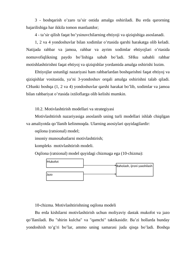 3 - boshqarish  o’zaro ta’sir  ostida  amalga oshiriladi. Bu erda qarorning
bajarilishiga har ikkila tomon manfaatdor;
4 - ta’sir qilish faqat bo’ysinuvchilarning ehtiyoji va qiziqishiga asoslanadi.
1, 2 va 4 yondoshuvlar bilan xodimlar o’rtasida qarshi harakatga olib keladi.
Natijada  rahbar  va  jamoa,  rahbar  va  ayrim  xodimlar  ehtiyojlari  o’rtasida
nomuvofiqlikning  paydo  bo’lishiga  sabab  bo’ladi.  SHku  sababli  rahbar
motishlashtirishni faqat ehtiyoj va qiziqishlar yordamida amalga oshirishi lozim.
Ehtiyojlar ustunligi nazariyasi ham rahbarlardan boshqarishni faqat ehtiyoj va
qiziqishlar vositasida, ya’ni 3-yondoshuv orqali amalga oshirishni talab qiladi.
CHunki boshqa (1, 2 va 4) yondoshuvlar qarshi harakat bo’lib, xodimlar va jamoa
bilan rahbariyat o’rtasida ixtiloflarga olib kelishi mumkin.
10.2. Motivlashtirish modellari va strategiyasi
Motivlashtirish nazariyasiga asoslanib uning turli modellari ishlab chiqilgan
va amaliyotda qo’llanib kelinmoqda. Ularning asosiylari quyidagilardir:
oqilona (ratsional) model;
insoniy munosabatlarni motivlashtirish;
kompleks  motivlashtirish modeli.
Oqilona (ratsional) model quyidagi chizmaga ega (10-chizma):
10-chizma. Motivlashtirishning oqilona modeli
Bu erda kishilarni motivlashtirish uchun moliyaviy dastak mukofot va jazo
qo’llaniladi. Bu "shirin kulcha" va "qamchi" taktikasidir. Ba’zi hollarda bunday
yondoshish  to’g’ri  bo’lar,  ammo  uning  samarasi  juda  qisqa  bo’ladi.  Boshqa
Mukofot
Jazo
Baholash, ijroni yaxshilash
