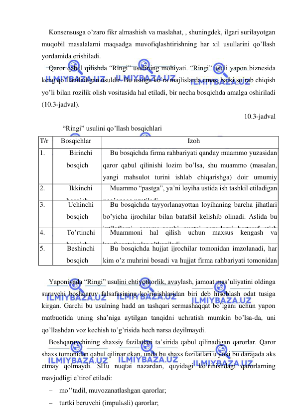  
 
Konsensusga o’zaro fikr almashish va maslahat, , shuningdek, ilgari surilayotgan 
muqobil masalalarni maqsadga muvofiqlashtirishning har xil usullarini qo’llash 
yordamida erishiladi. 
Qaror qabul qilishda “Ringi” usulining mohiyati. “Ringi” usuli yapon biznesida 
keng qo’llaniladigan usuldir. Bu usulga ko’ra majlislarda emas, balki so’rab chiqish 
yo’li bilan rozilik olish vositasida hal etiladi, bir necha bosqichda amalga oshiriladi 
(10.3-jadval). 
10.3-jadval 
        “Ringi” usulini qo’llash bosqichlari 
T/r 
Bosqichlar 
Izoh 
1. 
Birinchi 
bosqich 
Bu bosqichda firma rahbariyati qanday muammo yuzasidan 
qaror qabul qilinishi lozim bo’lsa, shu muammo (masalan, 
yangi mahsulot turini ishlab chiqarishga) doir umumiy 
mulohazalarni jalb etilgan mutaxassislar bilan birgalikda 
o’rtaga tashlaydi. 
2. 
Ikkinchi 
bosqich 
Muammo “pastga”, ya’ni loyiha ustida ish tashkil etiladigan 
pog’onaga uzatiladi. 
3. 
Uchinchi 
bosqich 
Bu bosqichda tayyorlanayottan loyihaning barcha jihatlari 
bo’yicha ijrochilar bilan batafsil kelishib olinadi. Aslida bu 
ixtiloflarni, qarama-qarshi nuqtai nazarlarni bartaraf etish 
bosqichidir. 
4. 
To’rtinchi 
bosqich 
Muammoni hal qilish uchun maxsus kengash va 
konferentsiyalar o’tkaziladi. 
5. 
Beshinchi 
bosqich 
Bu bosqichda hujjat ijrochilar tomonidan imzolanadi, har 
kim o’z muhrini bosadi va hujjat firma rahbariyati tomonidan 
tasdiqlanadi. 
 
Yaponiyada “Ringi” usulini ehtiyotkorlik, avaylash, jamoat mas’uliyatini oldinga 
suruvchi boshqaruv falsafasining ko’rinishlaridan biri deb hisoblash odat tusiga 
kirgan. Garchi bu usulning hadd an tashqari sermashaqqat bo’lgani uchun yapon 
matbuotida uning sha’niga aytilgan tanqidni uchratish mumkin bo’lsa-da, uni 
qo’llashdan voz kechish to’g’risida hech narsa deyilmaydi. 
Boshqaruvchining shaxsiy fazilatlari ta’sirida qabul qilinadigan qarorlar. Qaror 
shaxs tomonidan qabul qilinar ekan, unda bu shaxs fazilatlari u yoki bu darajada aks 
etmay qolmaydi. SHu nuqtai nazardan, quyidagi ko’rinishdagi qarorlarning 
mavjudligi e’tirof etiladi: 
 mo’’tadil, muvozanatlashgan qarorlar; 
 turtki beruvchi (impulьsli) qarorlar; 
