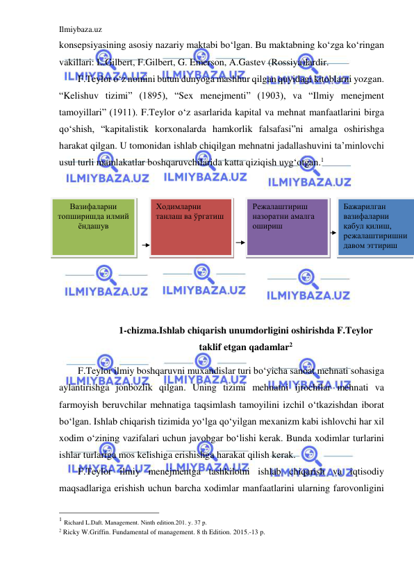 Ilmiybaza.uz 
 
konsepsiyasining asosiy nazariy maktabi bo‘lgan. Bu maktabning ko‘zga ko‘ringan 
vakillari: L.Gilbert, F.Gilbert, G. Emerson, A.Gastev (Rossiya)lardir. 
F.Teylor o‘z nomini butun dunyoga mashhur qilgan quyidagi kitoblarni yozgan. 
“Kelishuv tizimi” (1895), “Sex menejmenti” (1903), va “Ilmiy menejment 
tamoyillari” (1911). F.Teylor o‘z asarlarida kapital va mehnat manfaatlarini birga 
qo‘shish, “kapitalistik korxonalarda hamkorlik falsafasi”ni amalga oshirishga 
harakat qilgan. U tomonidan ishlab chiqilgan mehnatni jadallashuvini ta’minlovchi 
usul turli mamlakatlar boshqaruvchilarida katta qiziqish uyg‘otgan.1 
 
 
 
 
 
 
 
 
 
1-chizma.Ishlab chiqarish unumdorligini oshirishda F.Teylor 
taklif etgan qadamlar2 
F.Teylor ilmiy boshqaruvni muxandislar turi bo‘yicha sanoat mehnati sohasiga 
aylantirishga jonbozlik qilgan. Uning tizimi mehnatni ijrochilar mehnati va 
farmoyish beruvchilar mehnatiga taqsimlash tamoyilini izchil o‘tkazishdan iborat 
bo‘lgan. Ishlab chiqarish tizimida yo‘lga qo‘yilgan mexanizm kabi ishlovchi har xil 
xodim o‘zining vazifalari uchun javobgar bo‘lishi kerak. Bunda xodimlar turlarini 
ishlar turlariga mos kelishiga erishishga harakat qilish kerak. 
F.Teylor ilmiy menejmentga tashkilotni ishlab chiqarish va iqtisodiy 
maqsadlariga erishish uchun barcha xodimlar manfaatlarini ularning farovonligini 
                                                 
1 Richard L.Daft. Management. Ninth edition.201. y. 37 p. 
2 Ricky W.Griffin. Fundamental of management. 8 th Edition. 2015.-13 р. 
 
Вазифаларни 
топширишда илмий 
ёндашув 
Ходимларни 
танлаш ва ўргатиш 
Режалаштириш 
назоратни амалга 
ошириш 
Бажарилган 
вазифаларни 
қабул қилиш, 
режалаштиришни 
давом эттириш 
