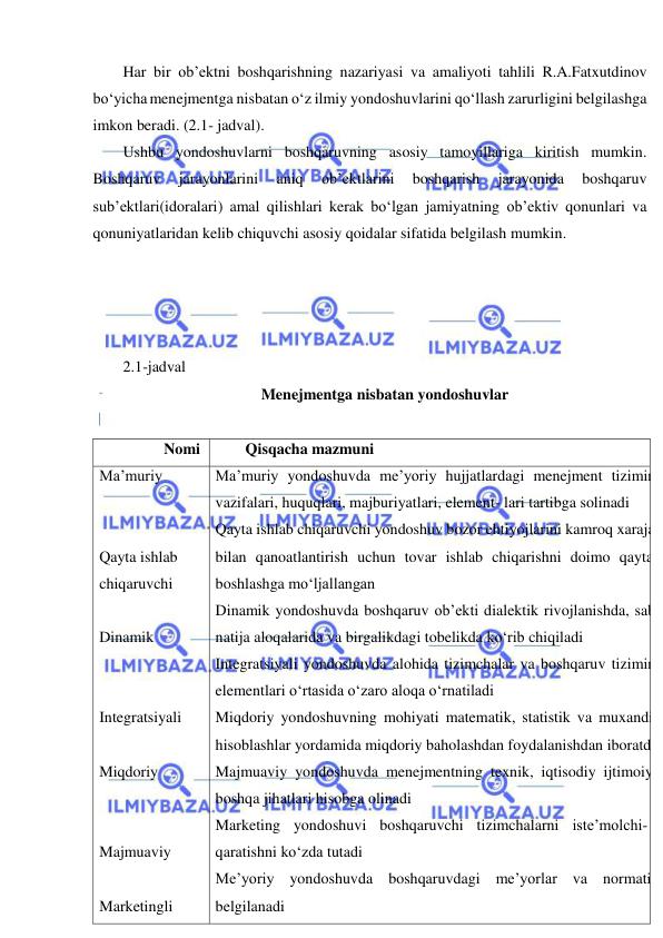  
 
Har bir ob’ektni boshqarishning nazariyasi va amaliyoti tahlili R.A.Fatxutdinov 
bo‘yicha menejmentga nisbatan o‘z ilmiy yondoshuvlarini qo‘llash zarurligini belgilashga 
imkon beradi. (2.1- jadval). 
Ushbu yondoshuvlarni boshqaruvning asosiy tamoyillariga kiritish mumkin. 
Boshqaruv 
jarayonlarini 
aniq 
ob’ektlarini 
boshqarish 
jarayonida 
boshqaruv 
sub’ektlari(idoralari) amal qilishlari kerak bo‘lgan jamiyatning ob’ektiv qonunlari va 
qonuniyatlaridan kelib chiquvchi asosiy qoidalar sifatida belgilash mumkin. 
 
 
 
 
2.1-jadval 
Menejmentga nisbatan yondoshuvlar 
 
Nomi  
Qisqacha mazmuni 
Ma’muriy  
 
 
Qayta ishlab  
chiqaruvchi 
 
Dinamik 
 
 
Integratsiyali 
 
Miqdoriy  
 
 
Majmuaviy  
 
Marketingli  
Ma’muriy yondoshuvda me’yoriy hujjatlardagi menejment tiziminin
vazifalari, huquqlari, majburiyatlari, element- lari tartibga solinadi 
Qayta ishlab chiqaruvchi yondoshuv bozor ehtiyojlarini kamroq xarajatl
bilan qanoatlantirish uchun tovar ishlab chiqarishni doimo qaytada
boshlashga mo‘ljallangan 
Dinamik yondoshuvda boshqaruv ob’ekti dialektik rivojlanishda, saba
natija aloqalarida va birgalikdagi tobelikda ko‘rib chiqiladi 
Integratsiyali yondoshuvda alohida tizimchalar va boshqaruv tiziminin
elementlari o‘rtasida o‘zaro aloqa o‘rnatiladi 
Miqdoriy yondoshuvning mohiyati matematik, statistik va muxandisl
hisoblashlar yordamida miqdoriy baholashdan foydalanishdan iboratdir 
Majmuaviy yondoshuvda menejmentning texnik, iqtisodiy ijtimoiy v
boshqa jihatlari hisobga olinadi 
Marketing yondoshuvi boshqaruvchi tizimchalarni iste’molchi- g
qaratishni ko‘zda tutadi 
Me’yoriy yondoshuvda boshqaruvdagi me’yorlar va normativl
belgilanadi 
