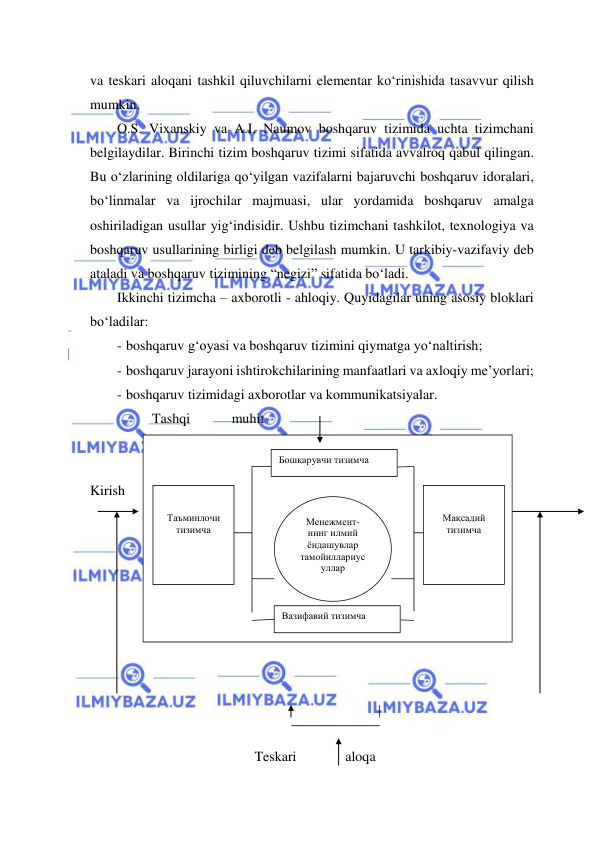  
 
va teskari aloqani tashkil qiluvchilarni elementar ko‘rinishida tasavvur qilish 
mumkin. 
O.S. Vixanskiy va A.I. Naumov boshqaruv tizimida uchta tizimchani 
belgilaydilar. Birinchi tizim boshqaruv tizimi sifatida avvalroq qabul qilingan. 
Bu o‘zlarining oldilariga qo‘yilgan vazifalarni bajaruvchi boshqaruv idoralari, 
bo‘linmalar va ijrochilar majmuasi, ular yordamida boshqaruv amalga 
oshiriladigan usullar yig‘indisidir. Ushbu tizimchani tashkilot, texnologiya va 
boshqaruv usullarining birligi deb belgilash mumkin. U tarkibiy-vazifaviy deb 
ataladi va boshqaruv tizimining “negizi” sifatida bo‘ladi. 
Ikkinchi tizimcha – axborotli - ahloqiy. Quyidagilar uning asosiy bloklari 
bo‘ladilar: 
- boshqaruv g‘oyasi va boshqaruv tizimini qiymatga yo‘naltirish; 
- boshqaruv jarayoni ishtirokchilarining manfaatlari va axloqiy me’yorlari; 
- boshqaruv tizimidagi axborotlar va kommunikatsiyalar. 
          Tashqi   
muhit 
 
         
Kirish                 chiqishkch Chiqish     Chiqish 
 
 
 
 
 
 
 
 
 
 
 
Teskari 
   aloqa 
Менежмент- 
нинг илмий 
ёндашувлар  
тамойиллариус
уллар  
Вазифавий тизимча 
Бошқарувчи тизимча 
 
 
Таъминлочи  
тизимча 
 
 
Мақсадий 
тизимча 
