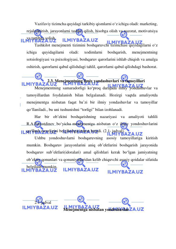  
 
Vazifaviy tizimcha quyidagi tarkibiy qismlarni o‘z ichiga oladi: marketing, 
rejalashtirish, jarayonlarni tashkil qilish, hisobga olish va nazorat, motivatsiya 
va tartibga solish. 
Tashkilot menejmenti tizimini boshqaruvchi tizimchasi quyidagilarni o‘z 
ichiga 
quyidagilarni 
oladi: 
xodimlarni 
boshqarish, 
menejmentning 
sotsiologiyasi va psixologiyasi, boshqaruv qarorlarini ishlab chiqish va amalga 
oshirish, qarorlarni qabul qilishdagi tahlil, qarorlarni qabul qilishdagi bashorat. 
 
2.3. Menejmentning ilmiy yondashuvlari va tamoyillari 
Menejmentning samaradorligi ko‘proq darajada ilmiy yondashuvlar va 
tamoyillardan foydalanish bilan belgalanadi. Hozirgi vaqtda amaliyotda 
menejmentga nisbatan faqat ba’zi bir ilmiy yondashuvlar va tamoyillar 
qo‘llaniladi., bu uni tushunishni “torligi” bilan izohlanadi. 
Har bir ob’ektni boshqarishning nazariyasi va amaliyoti tahlili 
R.A.Fatxutdinov bo‘yicha menejmentga nisbatan o‘z ilmiy yondoshuvlarini 
qo‘llash zarurligini belgilashga imkon beradi. (2.1- jadval). 
Ushbu yondoshuvlarni boshqaruvning asosiy tamoyillariga kiritish 
mumkin. Boshqaruv jarayonlarini aniq ob’ektlarini boshqarish jarayonida 
boshqaruv sub’ektlari(idoralari) amal qilishlari kerak bo‘lgan jamiyatning 
ob’ektiv qonunlari va qonuniyatlaridan kelib chiquvchi asosiy qoidalar sifatida 
belgilash mumkin. 
 
 
 
 
2.1-jadval 
Menejmentga nisbatan yondoshuvlar 
 
