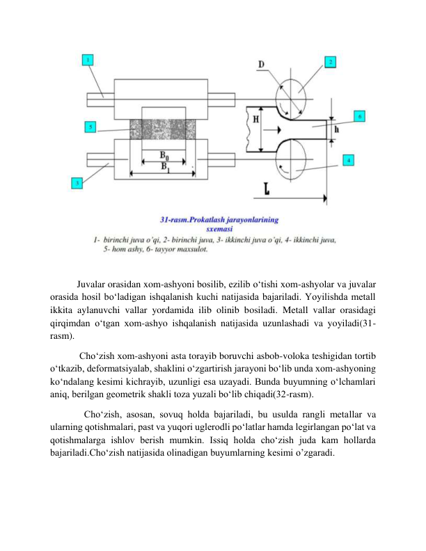  
           Juvalar orasidan xom-ashyoni bosilib, ezilib o‘tishi xom-ashyolar va juvalar 
orasida hosil bo‘ladigan ishqalanish kuchi natijasida bajariladi. Yoyilishda metall 
ikkita aylanuvchi vallar yordamida ilib olinib bosiladi. Metall vallar orasidagi 
qirqimdan o‘tgan xom-ashyo ishqalanish natijasida uzunlashadi va yoyiladi(31-
rasm). 
            Choʻzish xom-ashyoni asta torayib boruvchi asbob-voloka teshigidan tortib 
o‘tkazib, deformatsiyalab, shaklini o‘zgartirish jarayoni bo‘lib unda xom-ashyoning 
ko‘ndalang kesimi kichrayib, uzunligi esa uzayadi. Bunda buyumning o‘lchamlari 
aniq, berilgan geometrik shakli toza yuzali bo‘lib chiqadi(32-rasm). 
              Cho‘zish, asosan, sovuq holda bajariladi, bu usulda rangli metallar va 
ularning qotishmalari, past va yuqori uglerodli po‘latlar hamda legirlangan po‘lat va 
qotishmalarga ishlov berish mumkin. Issiq holda cho‘zish juda kam hollarda 
bajariladi.Cho‘zish natijasida olinadigan buyumlarning kesimi o’zgaradi. 
