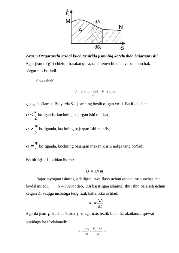 2-rasm.O‘zgaruvchi tashqi kuch ta’sirida jismning ko‘chishda bajargan ishi.
Agar jism to‘g‘ri chiziqli harakat qilsa, ta’sir etuvchi kuch va  – burchak 
o‘zgarmas bo‘ladi.
Shu sababli
           
ga ega bo‘lamiz. Bu yerda S – jismning bosib o‘tgan yo‘li. Bu ifodadan:
2
  
bo‘lganda, kuchning bajargan ishi musbat; 
2
  
bo‘lganda, kuchning bajargan ishi manfiy;
2
 
bo‘lganda, kuchning bajargan mexanik ishi nolga teng bo‘ladi.
Ish birligi – 1 jouldan iborat:
1J = 1N·m
Bajarilayotgan ishning jadalligini tavsiflash uchun quvvat tushunchasidan 
foydalaniladi. 
N – quvvat deb,  A bajarilgan ishning, shu ishni bajarish uchun
ketgan t vaqtga nisbatiga teng fizik kattalikka aytiladi.     
                                                 
t
A
N


  ,                                         
Agarda jism F
 kuch ta’sirida  o‘zgarmas tezlik bilan harakatlansa, quvvat 
quyidagicha ifodalanadi:
