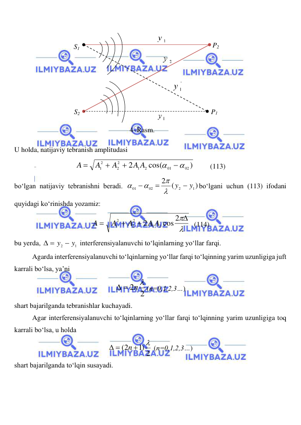  
 
 
U holda, natijaviy tebranish amplitudasi 
)
cos(
2
02
01
2
1
2
2
12






A A
A
A
A
         (113) 
bo‘lgan natijaviy tebranishni beradi. 
)
(
2
1
2
02
01
y  y






bo‘lgani uchun (113) ifodani 
quyidagi ko‘rinishda yozamiz: 





cos 2
2
2
1
2
2
12
A A
A
A
A
  (114) 
bu yerda, 
1
2
  y  y
 interferensiyalanuvchi to‘lqinlarning yo‘llar farqi. 
Agarda interferensiyalanuvchi to‘lqinlarning yo‘llar farqi to‘lqinning yarim uzunligiga juft 
karrali bo‘lsa, ya’ni 
2
2 
  n
(n=0,1,2,3…) 
shart bajarilganda tebranishlar kuchayadi. 
 
Agar interferensiyalanuvchi to‘lqinlarning yo‘llar farqi to‘lqinning yarim uzunligiga toq 
karrali bo‘lsa, u holda 
)1 2
(2


 
n
 (n=0,1,2,3…) 
shart bajarilganda to‘lqin susayadi. 
S2 
4–Rasm. 
 
S1 
P1 
P2 
 
 
 
