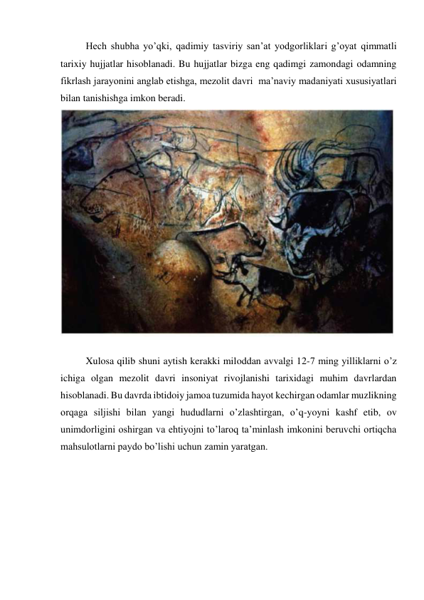 Hech shubha yo’qki, qadimiy tasviriy san’at yodgorliklari g’oyat qimmatli 
tarixiy hujjatlar hisoblanadi. Bu hujjatlar bizga eng qadimgi zamondagi odamning 
fikrlash jarayonini anglab etishga, mezolit davri  ma’naviy madaniyati xususiyatlari 
bilan tanishishga imkon beradi. 
 
 
Xulosa qilib shuni aytish kerakki miloddan avvalgi 12-7 ming yilliklarni o’z 
ichiga olgan mezolit davri insoniyat rivojlanishi tarixidagi muhim davrlardan 
hisoblanadi. Bu davrda ibtidoiy jamoa tuzumida hayot kechirgan odamlar muzlikning 
orqaga siljishi bilan yangi hududlarni o’zlashtirgan, o’q-yoyni kashf etib, ov 
unimdorligini oshirgan va ehtiyojni to’laroq ta’minlash imkonini beruvchi ortiqcha 
mahsulotlarni paydo bo’lishi uchun zamin yaratgan. 
 
 
 
 
 
 
