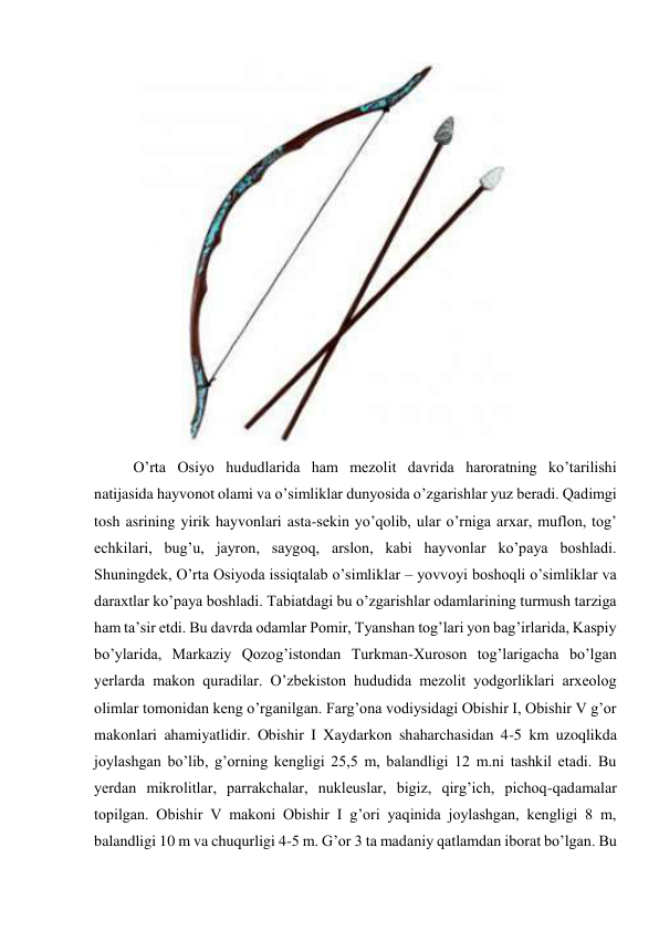  
O’rta Osiyo hududlarida ham mezolit davrida haroratning ko’tarilishi 
natijasida hayvonot olami va o’simliklar dunyosida o’zgarishlar yuz beradi. Qadimgi 
tosh asrining yirik hayvonlari asta-sekin yo’qolib, ular o’rniga arxar, muflon, tog’ 
echkilari, bug’u, jayron, saygoq, arslon, kabi hayvonlar ko’paya boshladi. 
Shuningdek, O’rta Osiyoda issiqtalab o’simliklar – yovvoyi boshoqli o’simliklar va 
daraxtlar ko’paya boshladi. Tabiatdagi bu o’zgarishlar odamlarining turmush tarziga 
ham ta’sir etdi. Bu davrda odamlar Pomir, Tyanshan tog’lari yon bag’irlarida, Kaspiy 
bo’ylarida, Markaziy Qozog’istondan Turkman-Xuroson tog’larigacha bo’lgan 
yerlarda makon quradilar. O’zbekiston hududida mezolit yodgorliklari arxeolog 
olimlar tomonidan keng o’rganilgan. Farg’ona vodiysidagi Obishir I, Obishir V g’or 
makonlari ahamiyatlidir. Obishir I Xaydarkon shaharchasidan 4-5 km uzoqlikda 
joylashgan bo’lib, g’orning kengligi 25,5 m, balandligi 12 m.ni tashkil etadi. Bu 
yerdan mikrolitlar, parrakchalar, nukleuslar, bigiz, qirg’ich, pichoq-qadamalar 
topilgan. Obishir V makoni Obishir I g’ori yaqinida joylashgan, kengligi 8 m, 
balandligi 10 m va chuqurligi 4-5 m. G’or 3 ta madaniy qatlamdan iborat bo’lgan. Bu 
