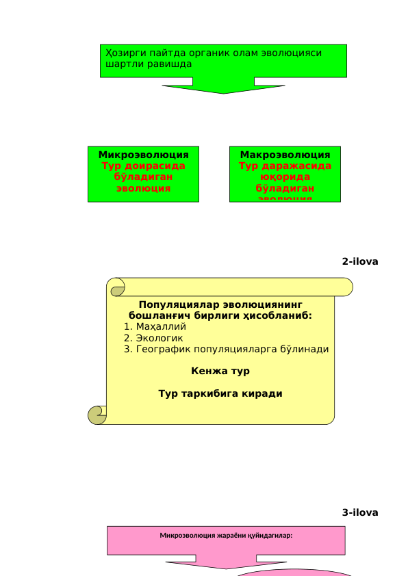 2-ilova 
3-ilova 
Ҳозирги пайтда органик олам эволюцияси 
шартли равишда 
Микроэволюция
Тур доирасида
бўладиган
эволюция
Макроэволюция
Тур даражасида
юқорида
бўладиган
эволюция
Популяциялар эволюциянинг
бошланғич бирлиги ҳисобланиб:
1. Маҳаллий 
2. Экологик 
3. Географик популяцияларга бўлинади
Кенжа тур
Тур таркибига киради
Микроэволюция жараёни қуйидагилар:
