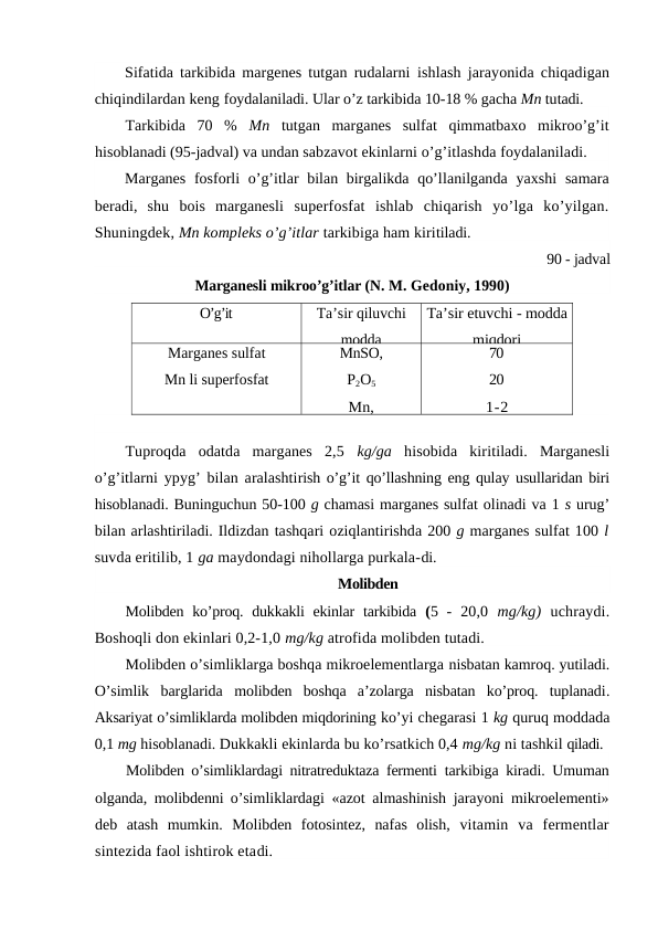 Sifatida tarkibida margenes tutgan rudalarni ishlash jarayonida chiqadigan
chiqindilardan keng foydalaniladi. Ular o’z tarkibida 10-18 % gacha Mn tutadi.
Tarkibida  70  %  Mn  tutgan  marganes  sulfat  qimmatbaxo  mikroo’g’it
hisoblanadi (95-jadval) va undan sabzavot ekinlarni o’g’itlashda foydalaniladi.
Marganes fosforli  o’g’itlar bilan birgalikda qo’llanilganda  yaxshi  samara
beradi,  shu  bois  marganesli  superfosfat  ishlab  chiqarish  yo’lga  ko’yilgan.
Shuningdek, Mn kompleks o’g’itlar tarkibiga ham kiritiladi.
90 - jadval
Marganesli mikroo’g’itlar (N. M. Gedoniy, 1990)
O’g’it
Ta’sir qiluvchi
modda
Ta’sir etuvchi - modda
miqdori
Marganes sulfat
Mn li superfosfat
MnSO,
P2O5
Mn,
70
20
1-2
Tuproqda  odatda  marganes  2,5  kg/ga  hisobida  kiritiladi.  Marganesli
o’g’itlarni ypyg’ bilan aralashtirish o’g’it qo’llashning eng qulay usullaridan biri
hisoblanadi. Buninguchun 50-100 g chamasi marganes sulfat olinadi va 1 s urug’
bilan arlashtiriladi. Ildizdan tashqari oziqlantirishda 200 g marganes sulfat 100 l
suvda eritilib, 1 ga maydondagi nihollarga purkala-di.
Molibden
Molibden ko’proq. dukkakli  ekinlar  tarkibida  (5 -  20,0  mg/kg) uchraydi.
Boshoqli don ekinlari 0,2-1,0 mg/kg atrofida molibden tutadi.
Molibden o’simliklarga boshqa mikroelementlarga nisbatan kamroq. yutiladi.
O’simlik  barglarida  molibden  boshqa  a’zolarga  nisbatan  ko’proq.  tuplanadi.
Aksariyat o’simliklarda molibden miqdorining ko’yi chegarasi 1 kg quruq moddada
0,1 mg hisoblanadi. Dukkakli ekinlarda bu ko’rsatkich 0,4 mg/kg ni tashkil qiladi.
Molibden o’simliklardagi nitratreduktaza fermenti  tarkibiga kiradi. Umuman
olganda,  molibdenni o’simliklardagi «azot almashinish jarayoni mikroelementi»
deb  atash  mumkin. Molibden  fotosintez,  nafas  olish,  vitamin  va  fermentlar
sintezida faol ishtirok etadi.
