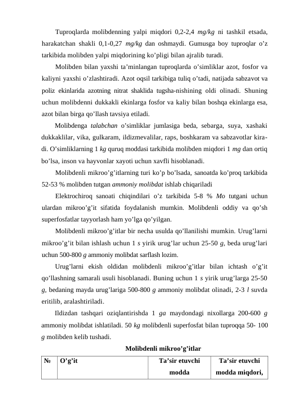 Tuproqlarda molibdenning yalpi miqdori 0,2-2,4  mg/kg  ni tashkil etsada,
harakatchan shakli 0,1-0,27  mg/kg  dan oshmaydi. Gumusga boy tuproqlar o’z
tarkibida molibden yalpi miqdorining ko’pligi bilan ajralib turadi.
Molibden bilan yaxshi ta’minlangan tuproqlarda o’simliklar azot, fosfor va
kaliyni yaxshi o’zlashtiradi. Azot oqsil tarkibiga tuliq o’tadi, natijada sabzavot va
poliz  ekinlarida azotning nitrat shaklida  tugsha-nishining oldi olinadi. Shuning
uchun molibdenni dukkakli ekinlarga fosfor va kaliy bilan boshqa ekinlarga esa,
azot bilan birga qo’llash tavsiya etiladi.
Molibdenga  talabchan  o’simliklar jumlasiga beda,  sebarga,  suya,  xashaki
dukkaklilar, vika, gulkaram, ildizmevalilar, raps, boshkaram va sabzavotlar kira-
di. O’simliklarning 1 kg quruq moddasi tarkibida molibden miqdori 1 mg dan ortiq
bo’lsa, inson va hayvonlar xayoti uchun xavfli hisoblanadi.
Molibdenli mikroo’g’itlarning turi ko’p bo’lsada, sanoatda ko’proq tarkibida
52-53 % molibden tutgan ammoniy molibdat ishlab chiqariladi 
Elektrochiroq sanoati  chiqindilari  o’z tarkibida  5-8 %  Mo  tutgani  uchun
ulardan  mikroo’g’it  sifatida  foydalanish  mumkin.  Molibdenli  oddiy  va  qo’sh
superfosfatlar tayyorlash ham yo’lga qo’yilgan.
Molibdenli mikroo’g’itlar bir necha usulda qo’llanilishi mumkin. Urug’larni
mikroo’g’it bilan ishlash uchun 1 s yirik urug’lar uchun 25-50 g, beda urug’lari
uchun 500-800 g ammoniy molibdat sarflash lozim.
Urug’larni  ekish  oldidan  molibdenli  mikroo’g’itlar  bilan  ichtash  o’g’it
qo’llashning samarali usuli hisoblanadi. Buning uchun 1 s yirik urug’larga 25-50
g, bedaning mayda urug’lariga 500-800 g ammoniy molibdat olinadi, 2-3 l suvda
eritilib, aralashtiriladi.
Ildizdan tashqari oziqlantirishda 1  ga  maydondagi nixollarga 200-600  g
ammoniy molibdat ishlatiladi. 50 kg molibdenli superfosfat bilan tuproqqa 50- 100
g molibden kelib tushadi.
Molibdenli mikroo’g’itlar
№
O’g’it
Ta’sir etuvchi
modda
Ta’sir etuvchi
modda miqdori,
