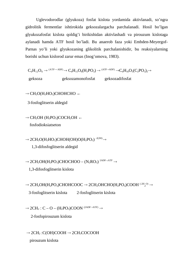 Uglevodorodlar  (glyukoza)  fosfat  kislota  yordamida  aktivlanadi,  so’ngra
gidrolitik  fermentlar  ishtirokida  geksozalargacha  parchalanadi.  Hosil  bo’lgan
glyukozafosfat kislota qoldig’i birikishidan aktivlashadi  va pirouzum kislotaga
aylanadi hamda ATF hosil bo’ladi. Bu anaerob faza yoki Embden-Meyergof-
Parnas  yo’li  yoki  glyukozaning  glikolitik  parchalanishidir,  bu  reaksiyalarning
borishi uchun kislorod zarur emas (Inog’omova, 1983).
 
  C6H12O6  (ATF ADF)  C6H11O6(H2PO3)  (ATFADF) C6H10O5(C2PO3)2
   geksoza
               geksozamonofosfat         geksozadifosfat
 CH2O(H2HO3)CHOHCHO ←
  3-fosfoglitserin aldegid
 CH2OH (H2PO3)COCH2OH ←
    fosfodioksiatseton 
 2CH2O(H2HO3)CHOH(OH)O(H2PO3) -2(2H) 
     1,3-difosfoglitserin aldegid 
 2CH2OH(H2PO3)CHOCHOO – (N2RO3) 2ADFATF 
   1,3-difosfoglitserin kislota 
 2CH2OH(H2PO3)CHOHCOOC  2CH2OHCHO(H2PO3)COOH (-2H
2
O) 
   3-fosfoglitserin kislota         2-fosfoglitserin kislota
 2CH2 : C – O – (H2PO3)COON (2ADFATF) 
     2-fosfopirouzum kislota
  2СH2 :C(OH)COOH  2CH3COCOOH 
    pirouzum kislota
