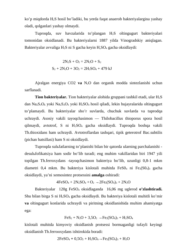 ko’p miqdorda H2S hosil bo’ladiki, bu yerda faqat anaerob bakteriyalargina yashay
oladi, qolganlari yashay olmaydi.
Tuproqda,  suv  havzalarida  to’plangan  H2S  oltingugurt  bakteriyalari
tomonidan  oksidlanadi.  Bu  bakteriyalarni  1887  yilda  Vinogradskiy  aniqlagan.
Bakteriyalar avvaliga H2S ni S gacha keyin H,SO4 gacha oksidlaydi:
2N2S + O2 = 2N2O + S2 
S2 + 2N2O + 3O2 = 2H2SO4 + 479 kJ
Ajralgan energiya CO2  va  N2O dan organik modda sintezlanishi uchun
sarflanadi.
Tion bakteriyalar. Tion bakteriyalar alohida gruppani tashkil etadi, ular H2S
dan Na2S3O6 yoki Na2S2O3 yoki H2SO4 hosil qiladi, lekin hujayralarida oltingugurt
to’plamaydi.  Bu  bakteriyalar  sho’r  suvlarda,  chuchuk  suvlarda  va  tuprodqa
uchraydi. Asosiy  vakili  tayoqchasimon  — Thilobacillus  thioporus  spora  hosil
qilmaydi,  avtotrof,  S  ni  H2SO4 gacha  oksidlaydi.  Tuproqda  boshqa  vakili
Th.thioxidans ham uchraydi. Avtotroflardan tashqari, tipik geterotrof Bac.subtilis
(pichan batsillasi) ham S ni oksidlaydi.
Tuproqda sulьfatlarning to’planishi bilan bir qatorda ularning parchalanishi -
desulьfofikatsiya ham sodir bo’lib turadi; eng muhim vakillaridan biri 1947 yili
topilgan Th.ferroxydans  -tayoqchasimon  bakteriya  bo’lib,  uzunligi  0,8-1 mkm
diametri  0,4  mkm.  Bu  bakteriya  kislotali  muhitda  FeS04 ni  Fe2(S04)3 gacha
oksidlaydi, ya’ni xemosintez protsessini amalga oshiradi:
4FeSO4 + 2N2SO4 + O2 →2Fe2(SO4)3 + 2N2O
Bakteriyalar  120g FeSO4 oksidlaganda  16,06 mg uglerod  o’zlashtiradi.
Shu bilan birga S ni H2SO4 gacha oksidlaydi. Bu bakteriya kislotali muhitli ko’mir
va oltingugurt konlarida uchraydi va piritning oksidlanishida muhim ahamiyatga
ega: 
FeS2 + N2O + 3,5O2 →Fe2(SO4)3 + H2SO4
kislotali  muhitda  kimyoviy  oksidlanish  protsessi  bormaganligi  tufayli  keyingi
oksidlanish Th.ferrooxydans ishtirokida boradi:
2FeSO4 + 0,5O2 + H2SO4→Fe2(SO4)3 + H2O
