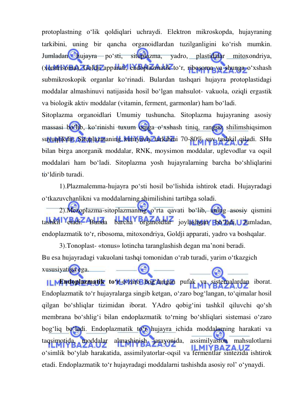  
 
protoplastning o‘lik qoldiqlari uchraydi. Elektron mikroskopda, hujayraning 
tarkibini, uning bir qancha organoidlardan tuzilganligini ko‘rish mumkin. 
Jumladan 
hujayra 
po‘sti, 
sitoplazma, 
yadro, 
plastidalar 
mitoxondriya, 
(xondrisoma), Goldji apparati, endoplazmatik to‘r, ribosoma va shunga o‘xshash 
submikroskopik organlar ko‘rinadi. Bulardan tashqari hujayra protoplastidagi 
moddalar almashinuvi natijasida hosil bo‘lgan mahsulot- vakuola, oziqli ergastik 
va biologik aktiv moddalar (vitamin, ferment, garmonlar) ham bo‘ladi.  
Sitoplazma organoidlari Umumiy tushuncha. Sitoplazma hujayraning asosiy 
massasi bo‘lib, ko‘rinishi tuxum oqiga o‘xshash tiniq, rangsiz shilimshiqsimon 
suyuqlikdir. Sitoplazmaning ximiyaviy tarkibini 70-80% suv tashkil qiladi. SHu 
bilan birga anorganik moddalar, RNK, moysimon moddalar, uglevodlar va oqsil 
moddalari ham bo‘ladi. Sitoplazma yosh hujayralarning barcha bo‘shliqlarini 
to‘ldirib turadi. 
1).Plazmalemma-hujayra po‘sti hosil bo‘lishida ishtirok etadi. Hujayradagi 
o‘tkazuvchanlikni va moddalarning shimilishini tartibga soladi.  
2).Mezoplazma-sitoplazmaning o‘rta qavati bo‘lib, uning asosiy qismini 
tashkil etadi. Bunda barcha organoidlar joylashgan bo‘ladi. Jumladan, 
endoplazmatik to‘r, ribosoma, mitoxondriya, Goldji apparati, yadro va boshqalar.  
3).Tonoplast- «tonus» lotincha taranglashish degan ma’noni beradi.  
Bu esa hujayradagi vakuolani tashqi tomonidan o‘rab turadi, yarim o‘tkazgich  
xususiyatiga ega.  
Endoplazmatik to‘r-o‘zaro bog‘langan pufak va sisternalardan iborat. 
Endoplazmatik to‘r hujayralarga singib ketgan, o‘zaro bog‘langan, to‘qimalar hosil 
qilgan bo‘shliqlar tizimidan iborat. YAdro qobig‘ini tashkil qiluvchi qo‘sh 
membrana bo‘shlig‘i bilan endoplazmatik to‘rning bo‘shliqlari sistemasi o‘zaro 
bog‘liq bo‘ladi. Endoplazmatik to‘r hujayra ichida moddalarning harakati va 
taqsimotida, moddalar almashinish jarayonida, assimilyasion mahsulotlarni 
o‘simlik bo‘ylab harakatida, assimilyatorlar-oqsil va fermentlar sintezida ishtirok 
etadi. Endoplazmatik to‘r hujayradagi moddalarni tashishda asosiy rol’ o‘ynaydi.  
