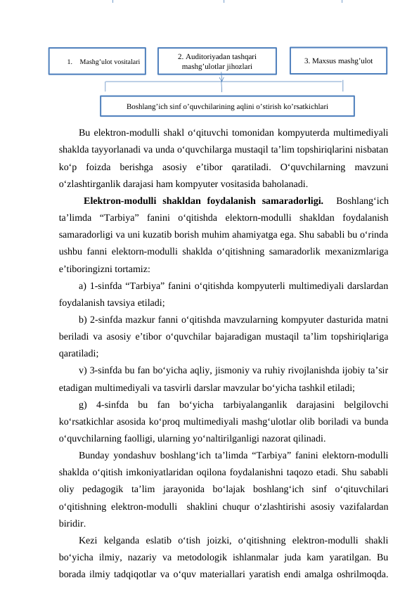 Bu elektron-modulli shakl o‘qituvchi tomonidan kompyuterda multimediyali
shaklda tayyorlanadi va unda o‘quvchilarga mustaqil ta’lim topshiriqlarini nisbatan
ko‘p  foizda  berishga  asosiy  e’tibor  qaratiladi.  O‘quvchilarning  mavzuni
o‘zlashtirganlik darajasi ham kompyuter vositasida baholanadi.
Elektron-modulli  shakldan  foydalanish  samaradorligi.   Boshlang‘ich
ta’limda  “Tarbiya”  fanini  o‘qitishda  elektorn-modulli  shakldan  foydalanish
samaradorligi va uni kuzatib borish muhim ahamiyatga ega. Shu sababli bu o‘rinda
ushbu fanni elektorn-modulli shaklda o‘qitishning samaradorlik mexanizmlariga
e’tiboringizni tortamiz:
a) 1-sinfda “Tarbiya” fanini o‘qitishda kompyuterli multimediyali darslardan
foydalanish tavsiya etiladi;
b) 2-sinfda mazkur fanni o‘qitishda mavzularning kompyuter dasturida matni
beriladi va asosiy e’tibor o‘quvchilar bajaradigan mustaqil ta’lim topshiriqlariga
qaratiladi;
v) 3-sinfda bu fan bo‘yicha aqliy, jismoniy va ruhiy rivojlanishda ijobiy ta’sir
etadigan multimediyali va tasvirli darslar mavzular bo‘yicha tashkil etiladi;
g)  4-sinfda  bu  fan  bo‘yicha  tarbiyalanganlik  darajasini  belgilovchi
ko‘rsatkichlar asosida ko‘proq multimediyali mashg‘ulotlar olib boriladi va bunda
o‘quvchilarning faolligi, ularning yo‘naltirilganligi nazorat qilinadi.
Bunday yondashuv boshlang‘ich ta’limda “Tarbiya” fanini elektorn-modulli
shaklda o‘qitish imkoniyatlaridan oqilona foydalanishni taqozo etadi. Shu sababli
oliy  pedagogik  ta’lim  jarayonida  bo‘lajak  boshlang‘ich  sinf  o‘qituvchilari
o‘qitishning elektron-modulli  shaklini chuqur o‘zlashtirishi asosiy vazifalardan
biridir. 
Kezi  kelganda  eslatib  o‘tish  joizki,  o‘qitishning  elektron-modulli  shakli
bo‘yicha  ilmiy,  nazariy  va  metodologik  ishlanmalar  juda  kam  yaratilgan.  Bu
borada ilmiy tadqiqotlar va o‘quv materiallari yaratish endi amalga oshrilmoqda.
1.
Mashg’ulot vositalari
2. Auditoriyadan tashqari
mashg’ulotlar jihozlari
3. Maxsus mashg’ulot
Boshlang’ich sinf o’quvchilarining aqlini o’stirish ko’rsatkichlari
