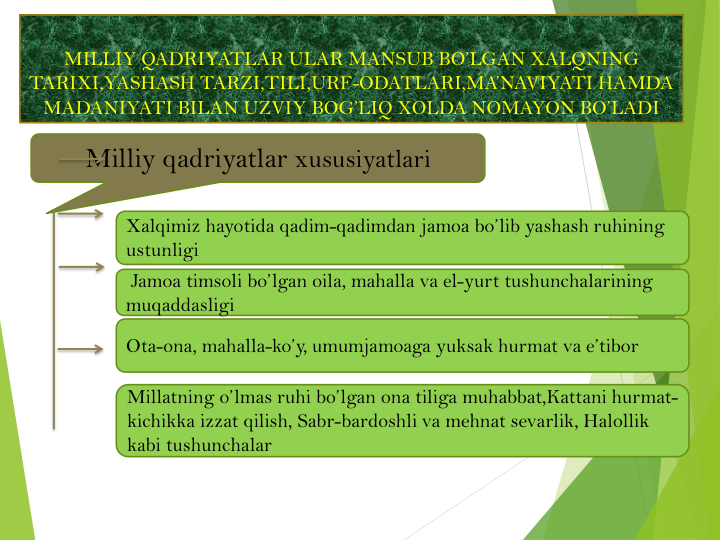 MILLIY QADRIYATLAR ULAR MANSUB BO’LGAN XALQNING
TARIXI,YASHASH TARZI,TILI,URF-ODATLARI,MA’NAVIYATI HAMDA
MADANIYATI BILAN UZVIY BOG’LIQ XOLDA NOMAYON BO’LADI
Milliy qadriyatlar xususiyatlari
Xalqimiz hayotida qadim-qadimdan jamoa bo’lib yashash ruhining
ustunligi
Jamoa timsoli bo’lgan oila, mahalla va el-yurt tushunchalarining
muqaddasligi
Millatning o’lmas ruhi bo’lgan ona tiliga muhabbat,Kattani hurmat-
kichikka izzat qilish, Sabr-bardoshli va mehnat sevarlik, Halollik
kabi tushunchalar
Ota-ona, mahalla-ko’y, umumjamoaga yuksak hurmat va e’tibor
