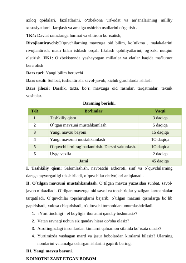axloq  qoidalari,  fazilatlarini,  o‘zbekona  urf-odat  va  an’analarining  millliy
xususiyatlarni  farqlash va amalga oshirish usullarini o‘rgatish . 
TK4: Davlat ramzlariga hurmat va ehtirom ko‘rsatish;
Rivojlantiruvchi:O`quvchilarning mavzuga oid bilim, ko`nikma , malakalarini
rivojlantirish, matn bilan ishlash orqali fikrlash qobiliyatlarini, og`zaki nutqini
o`stirish.  FK1: O‘zbekistonda yashayotgan millatlar va elatlar haqida ma’lumot
bera olish
Dars turi: Yangi bilim beruvchi
Dars usuli: Suhbat, tushuntirish, savol-javob, kichik guruhlarda ishlash.
Dars  jihozi:  Darslik,  taxta,  bo`r,  mavzuga  oid  rasmlar,  tarqatmalar,  texnik
vositalar.
Darsning borishi.
T/R
Bo‘limlar
Vaqti
1
Tashkiliy qism
3 daqiqa
2
O`tgan mavzuni mustahkamlash
5 daqiqa
3
Yangi mavzu bayoni
15 daqiqa
4
Yangi mavzuni mustahkamlash
1O daqiqa
5
O`quvchilarni rag`batlantirish. Darsni yakunlash.
1O daqiqa
6
Uyga vazifa
2 daqiqa
Jami
45 daqiqa
I.  Tashkiliy qism:  Salomlashish,  navbatchi axboroti,  sinf va o`quvchilarning
darsga tayyorgarligi tekshiriladi, o`quvchilar ehtiyojlari aniqlanadi. 
II. O`tilgan mavzuni mustahkamlash. O`tilgan mavzu yuzasidan suhbat, savol-
javob o`tkaziladi. O`tilgan mavzuga oid savol va topshiriqlar yozilgan kartochkalar
tarqatiladi. O`quvchilar topshiriqlarni bajarib, o`tilgan mazuni qismlarga bo`lib
gapirishadi, xulosa chiqarishadi, o`qituvchi tomonidan umumlashtiriladi.
1. «Yurt tinchligi - el boyligi» iborasini qanday tushunasiz?
2. Vatan ravnaqi uchun siz qanday hissa qo‘sha olasiz?
3. Atrofingizdagi insonlardan kimlarni qahramon sifatida ko‘rsata olasiz?
4. Yurtimizda yashagan mard va jasur bobolardan kimlarni bilasiz? Ularning
nomlarini va amalga oshirgan ishlarini gapirib bering.
III. Yangi mavzu bayoni. 
KOINOTNI ZABT ETGAN BOBOM
