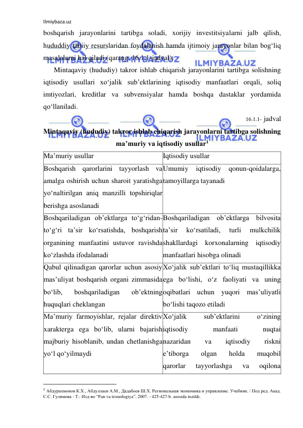 Ilmiybaza.uz 
 
boshqarish jarayonlarini tartibga soladi, xorijiy investitsiyalarni jalb qilish, 
hududdiy tabiiy resurslaridan foydalanish hamda ijtimoiy jarayonlar bilan bog‘liq 
masalalarni hal qiladi (qarang: 16.1.1-jadval). 
Mintaqaviy (hududiy) takror ishlab chiqarish jarayonlarini tartibga solishning 
iqtisodiy usullari xo‘jalik sub’ektlarining iqtisodiy manfaatlari orqali, soliq 
imtiyozlari, kreditlar va subvensiyalar hamda boshqa dastaklar yordamida 
qo‘llaniladi. 
16.1.1- jadval 
Mintaqaviy (hududiy) takror ishlab chiqarish jarayonlarni tartibga solishning 
ma’muriy va iqtisodiy usullar1 
Ma’muriy usullar 
Iqtisodiy usullar 
Boshqarish qarorlarini tayyorlash va 
amalga oshirish uchun sharoit yaratishga 
yo‘naltirilgan aniq manzilli topshiriqlar 
berishga asoslanadi 
Umumiy 
iqtisodiy 
qonun-qoidalarga, 
tamoyillarga tayanadi 
Boshqariladigan ob’ektlarga to‘g‘ridan-
to‘g‘ri ta’sir ko‘rsatishda, boshqarish 
organining manfaatini ustuvor ravishda 
ko‘zlashda ifodalanadi 
Boshqariladigan ob’ektlarga bilvosita 
ta’sir 
ko‘rsatiladi, 
turli 
mulkchilik 
shakllardagi korxonalarning iqtisodiy 
manfaatlari hisobga olinadi 
Qabul qilinadigan qarorlar uchun asosiy 
mas’uliyat boshqarish organi zimmasida 
bo‘lib, 
boshqariladigan 
ob’ektning 
huquqlari cheklangan 
Xo‘jalik sub’ektlari to‘liq mustaqillikka 
ega bo‘lishi, o‘z faoliyati va uning 
oqibatlari uchun yuqori mas’uliyatli 
bo‘lishi taqozo etiladi 
Ma’muriy farmoyishlar, rejalar direktiv 
xarakterga ega bo‘lib, ularni bajarish 
majburiy hisoblanib, undan chetlanishga 
yo‘l qo‘yilmaydi 
 
Xo‘jalik 
sub’ektlarini 
o‘zining 
iqtisodiy 
manfaati 
nuqtai 
nazaridan 
va 
iqtisodiy 
riskni 
e’tiborga 
olgan 
holda 
muqobil 
qarorlar 
tayyorlashga 
va 
oqilona 
                                                           
1 Абдурахмонов К.Х., Абдуллаев А.М., Дадабоев Ш.Х. Региональная экономика и управление. Учебник. / Под ред. Акад. 
С.С. Гулямова - Т.: Изд-во “Fan va texnologiya”, 2007. - 425-427-b. asosida tuzildi. 
