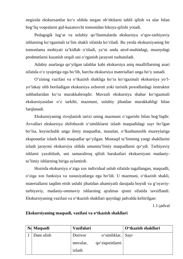 negizida ekskursantlar ko‘z oldida turgan ob’ektlarni tahlil qilish va ular bilan
bog‘liq voqealarni gid-kuzatuvchi tomonidan hikoya qilishi yotadi.
Pedagogik  lug‘at  va  uslubiy  qo‘llanmalarda  ekskursiya  o‘quv-tarbiyaviy
ishlarning ko‘rgazmali ta’lim shakli sifatida ko‘riladi. Bu yerda ekskursiyaning bir
tomonlama mohiyati  ta’kidlab o‘tiladi, ya’ni  unda  atrof-muhitdagi, muzeydagi
predmetlarni kuzatish orqali uni o‘rganish jarayoni tushuniladi.
Adabiy asarlarga qo‘yilgan talablar kabi ekskursiya aniq mualliflarning asari
sifatida o‘z syujetiga ega bo‘lib, barcha ekskursiya materiallari unga bo‘y sunadi.
O‘zining vazifasi va o‘tkazish shakliga ko‘ra ko‘rgazmali ekskursiya yo‘l-
yo‘lakay olib boriladigan ekskursiya axboroti yoki turistik poxodlardagi instruktor
suhbatlaridan  ko‘ra  murakkabroqdir.  Mavzuli  ekskursiya  shahar  ko‘rgazmali
ekskursiyasidan  o‘z  tarkibi,  mazmuni,  uslubiy  jihatdan  murakkabligi  bilan
farqlanadi.
Ekskursiyaning rivojlanish tarixi uning mazmuni o‘zgarishi bilan bog‘liqdir.
Avvallari  ekskursiya shifobaxsh  o‘simliklarni  izlash  maqsadidagi  sayr  bo‘lgan
bo‘lsa, keyinchalik unga ilmiy maqsadlar, masalan, o‘lkashunoslik muzeylariga
eksponatlar izlash kabi maqsadlar qo‘yilgan. Mustaqil ta’limning yangi shakllarini
izlash jarayoni ekskursiya oldida umumta’limiy maqsadlarni qo‘ydi. Tarbiyaviy
ishlarni  yaxshilash,  uni  samaraliroq  qilish  harakatlari  ekskursiyani  madaniy-
ta’limiy ishlarning biriga aylantirdi.
Hozirda ekskursiya o‘ziga xos individual uslub sifatida tugallangan, maqsadli,
o‘ziga xos funksiya va xususiyatlarga ega bo‘ldi. U mazmuni, o‘tkazish shakli,
materiallarni taqdim etish uslubi jihatidan ahamiyatli darajada boyidi va g‘oyaviy-
tarbiyaviy,  madaniy-ommaviy  ishlarning  ajralmas  qismi  sifatida  tavsiflandi.
Ekskursiyaning vazifasi va o‘tkazish shakllari quyidagi jadvalda keltirilgan:
1.1-jadval
Ekskursiyaning maqsadi, vazifasi va o‘tkazish shakllari
№ Maqsadi 
Vazifalari 
O‘tkazish shakllari
1
Dam olish
Dorivor
 
o‘simliklar,
mevalar,
 
qo‘ziqorinlarni
izlash
Sayr 
