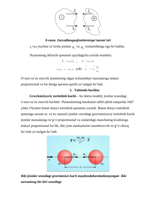8-rasm. Zaryadlanganjismlarningo‘zarota’siri
1F
va
2F
 kuchlar ta’sirida jismlar 
1a
 va 
2a
 tezlanishlarga ega bo‘ladilar.
Nyutonning ikkinchi qonunini quyidagicha yozish mumkin:
  ,     
                    
 yoki   
         
O‘zaro ta’sir etuvchi jismlarning olgan tezlanishlari massalariga teskari 
proportsional va bir-biriga qarama-qarshi yo‘nalgan bo‘ladi.
5. Tabiatda kuchlar
Gravitatsiyaviy tortishish kuchi – bu ikkita moddiy jismlar orasidagi 
o‘zaro ta’sir etuvchi kuchdir. Planetalarning harakatini tahlil qilish natijasida 1667 
yilda I.Nyuton butun dunyo tortishish qonunini yaratdi. Butun dunyo tortishish 
qonuniga asosan m1 va m2 massali jismlar orasidagi gravitatsiyaviy tortishish kuchi
jismlar massalariga to‘g‘ri proportsional va oralaridagi masofaning kvadratiga 
teskari proportsional bo‘lib, ikki jism markazlarini tutashtiruvchi to‘g‘ri chiziq 
bo‘ylab yo‘nalgan bo‘ladi:
Ikki jismlar orasidagi gravitatsion kuch maydondaharakatlanayotgan  ikki 
zarraniong bir-biri orasidagi              
