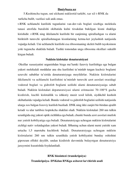 Ilmiybaza.uz 
5. Kushimcha tugun, uni ulchami nukleotid tarkibi, xar xil t-RNK da 
turlicha bulib, vazifasi xali anik emas. 
t-RNK uchlamchi kurilishi tugunlarini van-der-vals boglari xisobiga molekula 
tanasi atrofida buralishi okibatida kulni tirsakdan bukilgan kismi shakliga 
kirishidir. r-RNK ning ikkilamchi kurilishi bir zanjirning spirallashgan va ularni 
biriktirib turuvchi spirallashmagan kismlarining ketma-ket joylashish natijasida 
vujudga keladi. Uni uchlamchi kurilishi esa ribosomaning skeleti bulib tayoksimon 
yoki tuguncha shaklida buladi. Tashki tomondan unga ribosoma oksillari sukulib 
kirgan buladi. 
Nuklein kislotalar denaturatsiyasi 
 Oksillar xususiyatini urganishdan bizga ma’lumki fazoviy kurilishiga ega bulgan 
yukori molekulali moddalar ana shu kurilishni ta’minlab turgan kuchsiz boglarni 
uzuvchi sabablar ta’sirida denaturatsiyaga moyildirlar. Nuklein kislotalarini 
ikkilamchi va uchlamchi kurilishini ta’minlab turuvchi azot asoslari orasidagi 
vodorod boglari va gidrofob boglarni uzilishi ularni denaturatsiyasiga sabab 
buladi. Nuklein kislotalari depaturatsiyasi ularni eritmasini 70-100°S gacha 
kizdirish, kuchli kislotalilik va ishkoriy muxit xosil kilish, siydikchil kushish 
okibatlarida vujudga keladi. Bunda vodorod va gidrofob boglarini uzilishi natijasida 
ularga xos bulgan fozoviy kurilish buziladi. DNK ning ikki zanjiri bir-biridan ajralib 
ketadi va ular tartibsiz koptokcha shaklini oladi. Nuklein kislotalari 260 nm tulkin 
uzunligida eng yukori optik zichlikka ega buladi, chunki bunda azot asoslari mutlok 
nur yutish kobiliyatiga ega buladi. Denaturatsiyaga uchragan nuklein kislotalarini 
zichligi nativ xolatdagidan yukori buladi. SHuning uchun ularni nurni yutishi xam 
urtacha 1,5 marotaba kuchlirok buladi. Denaturatsiyaga uchragan nuklein 
kislotalarini 260 nm tulkin uzunlikda yutish kobiliyatini bunday oshishini 
gipoxram effekti deyilib, undan kizdirish davomida bulayotgan denaturatsiya 
jarayonini kuzatishda foydalaniladi. 
 
RNK biosintezi (transkripsiya) 
Transkripsiya- DNKdan RNKga axborot ko‘chirish usuli 
