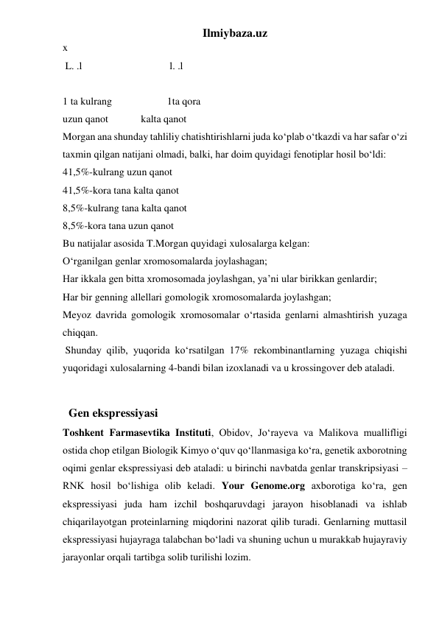 Ilmiybaza.uz 
x 
 L. .l  
 
 
 l. .l 
 
1 ta kulrang   
 
1ta qora 
uzun qanot   
kalta qanot 
Morgan ana shunday tahliliy chatishtirishlarni juda ko‘plab o‘tkazdi va har safar o‘zi 
taxmin qilgan natijani olmadi, balki, har doim quyidagi fenotiplar hosil bo‘ldi: 
41,5%-kulrang uzun qanot 
41,5%-kora tana kalta qanot 
8,5%-kulrang tana kalta qanot 
8,5%-kora tana uzun qanot 
Bu natijalar asosida T.Morgan quyidagi xulosalarga kelgan: 
O‘rganilgan genlar xromosomalarda joylashagan; 
Har ikkala gen bitta xromosomada joylashgan, ya’ni ular birikkan genlardir; 
Har bir genning allellari gomologik xromosomalarda joylashgan; 
Meyoz davrida gomologik xromosomalar o‘rtasida genlarni almashtirish yuzaga 
chiqqan. 
 Shunday qilib, yuqorida ko‘rsatilgan 17% rekombinantlarning yuzaga chiqishi 
yuqoridagi xulosalarning 4-bandi bilan izoxlanadi va u krossingover deb ataladi. 
 
  Gen ekspressiyasi  
Toshkent Farmasevtika Instituti, Obidov, Jo‘rayeva va Malikova muallifligi 
ostida chop etilgan Biologik Kimyo o‘quv qo‘llanmasiga ko‘ra, genetik axborotning 
oqimi genlar ekspressiyasi deb ataladi: u birinchi navbatda genlar transkripsiyasi – 
RNK hosil bo‘lishiga olib keladi. Your Genome.org axborotiga ko‘ra, gen 
ekspressiyasi juda ham izchil boshqaruvdagi jarayon hisoblanadi va ishlab 
chiqarilayotgan proteinlarning miqdorini nazorat qilib turadi. Genlarning muttasil 
ekspressiyasi hujayraga talabchan bo‘ladi va shuning uchun u murakkab hujayraviy 
jarayonlar orqali tartibga solib turilishi lozim. 
