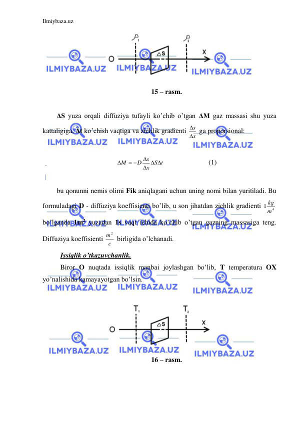 Ilmiybaza.uz 
 
 
15 – rasm.  
 
ΔS yuza orqali diffuziya tufayli ko’chib o’tgan ΔM gaz massasi shu yuza 
kattaligiga, Δt ko’chish vaqtiga va zichlik gradienti 
x
s

  ga proporsional:  
 
S t
x
s
D
M
  

 

   
 
(1) 
 
bu qonunni nemis olimi Fik aniqlagani uchun uning nomi bilan yuritiladi. Bu 
formuladagi D - diffuziya koeffisienti bo’lib, u son jihatdan zichlik gradienti 
4
1m
kg  
bo’lganda 1m2 yuzadan 1s vaqt ichida ko’chib o’tgan gazning massasiga teng. 
Diffuziya koeffisienti c
m2
 birligida o’lchanadi.  
 Issiqlik o’tkazuvchanlik.  
 Biror O nuqtada issiqlik manbai joylashgan bo’lib, T temperatura OX 
yo’nalishida kamayayotgan bo’lsin.  
 
 
16 – rasm. 
 
