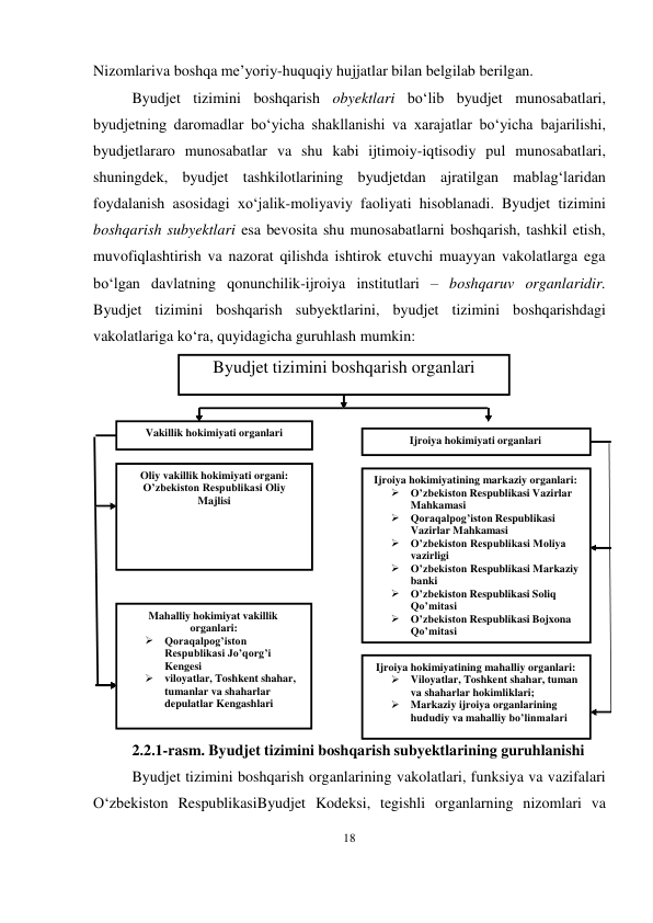 18 
 
Nizomlari va boshqa me’yoriy-huquqiy hujjatlar bilan belgilab berilgan. 
Byudjet tizimini boshqarish obyektlari bo‘lib byudjet munosabatlari, 
byudjetning daromadlar bo‘yicha shakllanishi va xarajatlar bo‘yicha bajarilishi, 
byudjetlararo munosabatlar va shu kabi ijtimoiy-iqtisodiy pul munosabatlari, 
shuningdek, byudjet tashkilotlarining byudjetdan ajratilgan mablag‘laridan 
foydalanish asosidagi xo‘jalik-moliyaviy faoliyati hisoblanadi. Byudjet tizimini 
boshqarish subyektlari esa bevosita shu munosabatlarni boshqarish, tashkil etish, 
muvofiqlashtirish va nazorat qilishda ishtirok etuvchi muayyan vakolatlarga ega 
bo‘lgan davlatning qonunchilik-ijroiya institutlari – boshqaruv organlaridir. 
Byudjet tizimini boshqarish subyektlarini, byudjet tizimini boshqarishdagi 
vakolatlariga ko‘ra, quyidagicha guruhlash mumkin: 
 
 
 
2.2.1-rasm. Byudjet tizimini boshqarish subyektlarining guruhlanishi 
Byudjet tizimini boshqarish organlarining vakolatlari, funksiya va vazifalari 
O‘zbekiston RespublikasiByudjet Kodeksi, tegishli organlarning nizomlari va 
Byudjet tizimini boshqarish organlari 
Vakillik hokimiyati organlari 
Mahalliy hokimiyat vakillik 
organlari: 
Qoraqalpog’iston 
Respublikasi Jo’qorg’i 
Kengesi 
viloyatlar, Toshkent shahar, 
tumanlar va shaharlar 
depulatlar Kengashlari 
Oliy vakillik hokimiyati organi: 
O’zbekiston Respublikasi Oliy 
Majlisi 
Ijroiya hokimiyati organlari 
Ijroiya hokimiyatining mahalliy organlari: 
Viloyatlar, Toshkent shahar, tuman 
va shaharlar hokimliklari; 
Markaziy ijroiya organlarining 
hududiy va mahalliy bo’linmalari 
Ijroiya hokimiyatining markaziy organlari: 
O’zbekiston Respublikasi Vazirlar 
Mahkamasi 
Qoraqalpog’iston Respublikasi 
Vazirlar Mahkamasi 
O’zbekiston Respublikasi Moliya 
vazirligi 
O’zbekiston Respublikasi Markaziy 
banki 
O’zbekiston Respublikasi Soliq 
Qo’mitasi 
O’zbekiston Respublikasi Bojxona 
Qo’mitasi 

